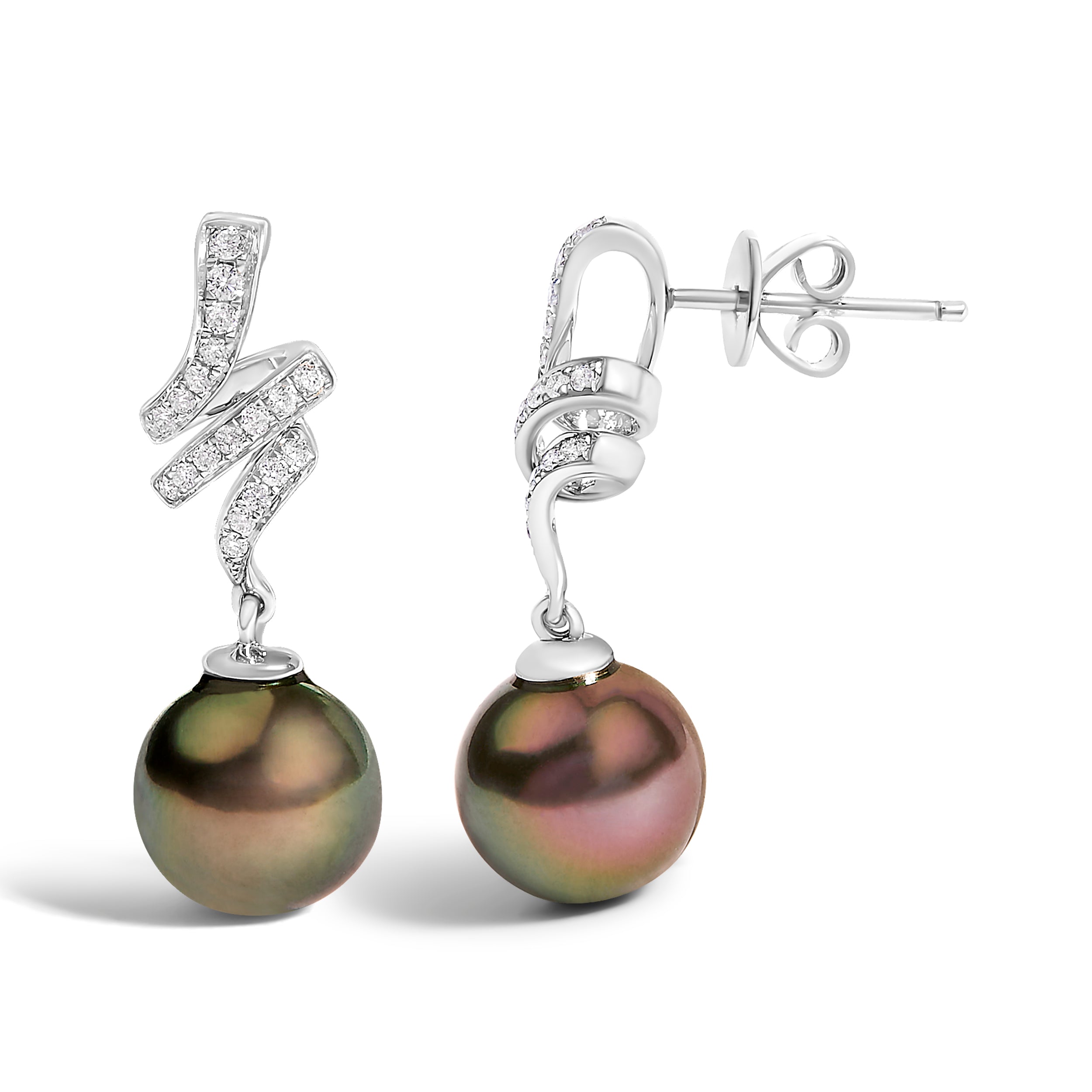 14K White Gold 9MM Cultured Black Pearl and Diamond Accent Drop and Dangle Earrings (I-J Color, SI1-SI2 Clarity) DestGlow
