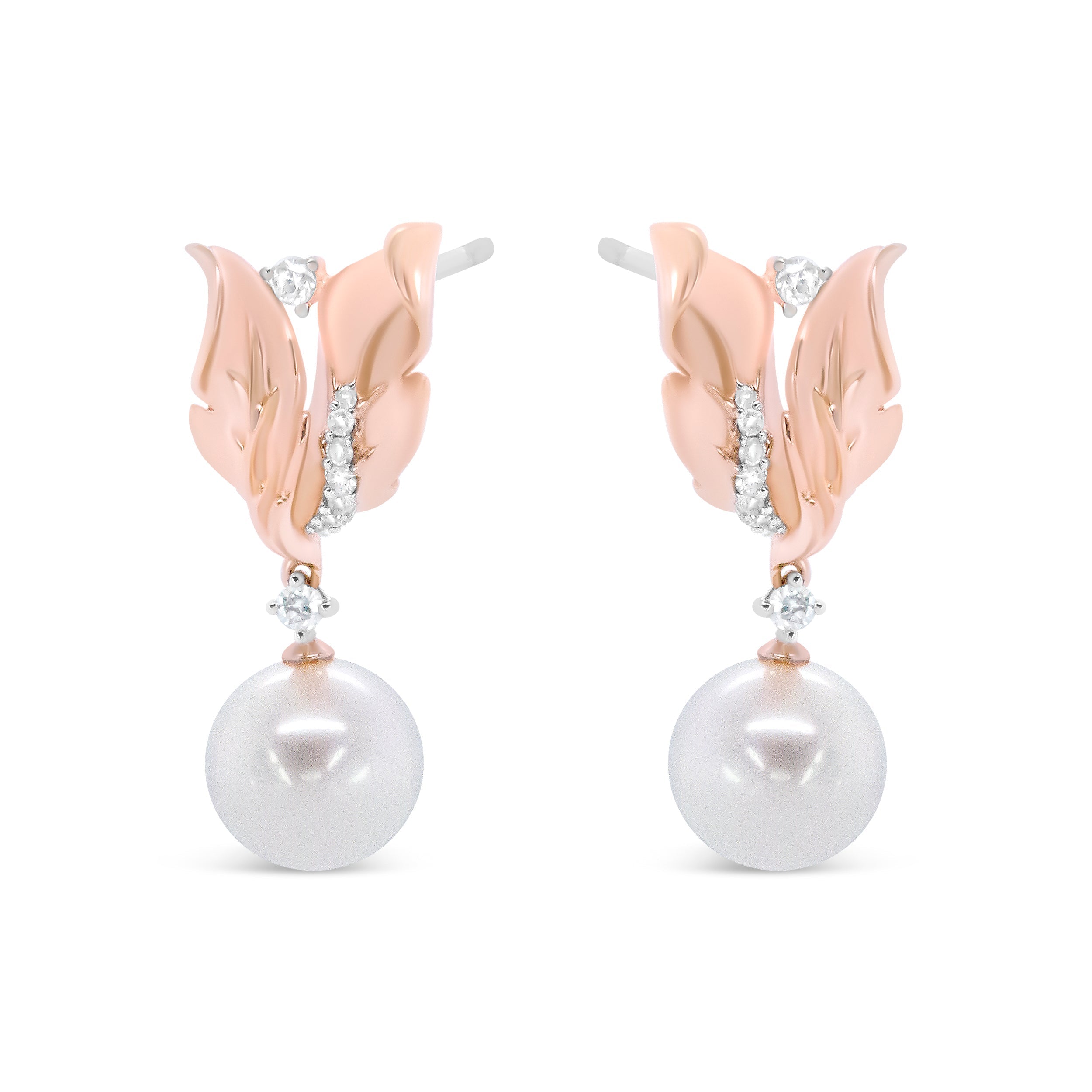 14K Rose Gold 1/6 Cttw Round Diamond and 8mm Round Pearl Floral Drop Stud Earrings (H-I Color, I1-I2 Clarity) DestGlow