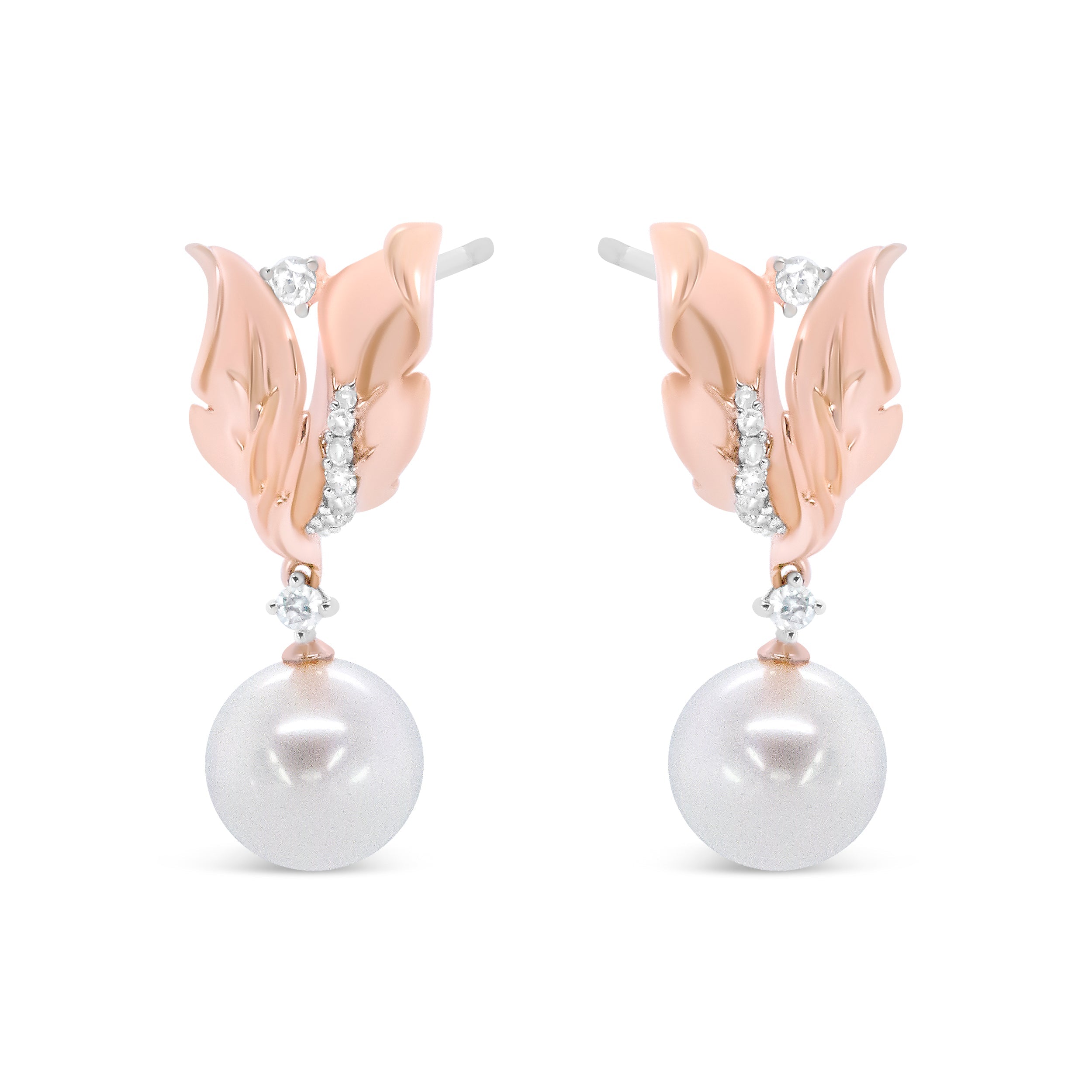 14K Rose Gold 1/6 Cttw Round Diamond and 8mm Round Pearl Floral Drop Stud Earrings (H-I Color, I1-I2 Clarity) by Bids.com
