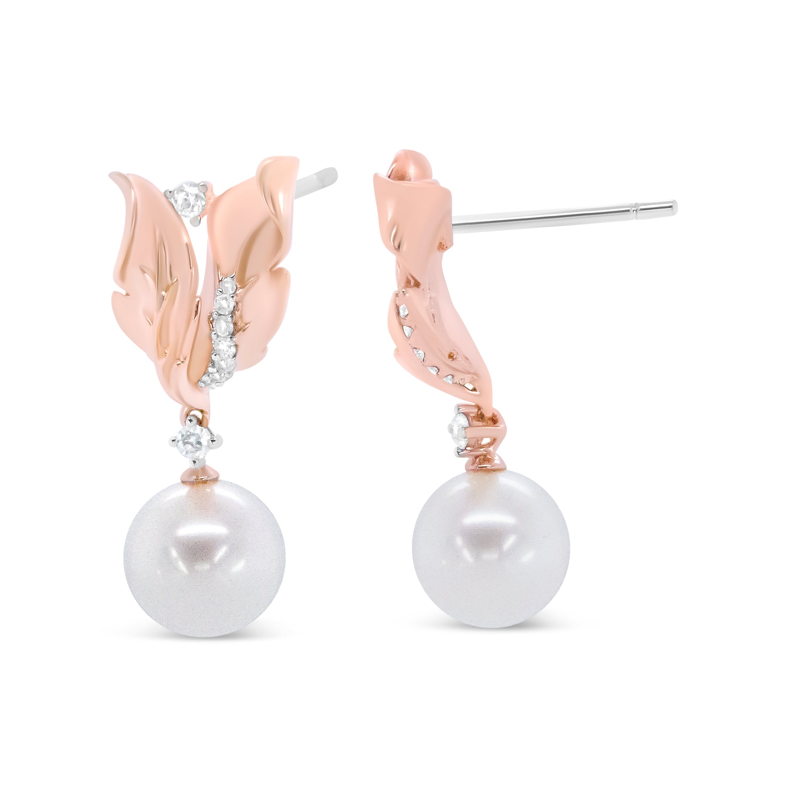 14K Rose Gold 1/6 Cttw Round Diamond and 8mm Round Pearl Floral Drop Stud Earrings (H-I Color, I1-I2 Clarity) DestGlow