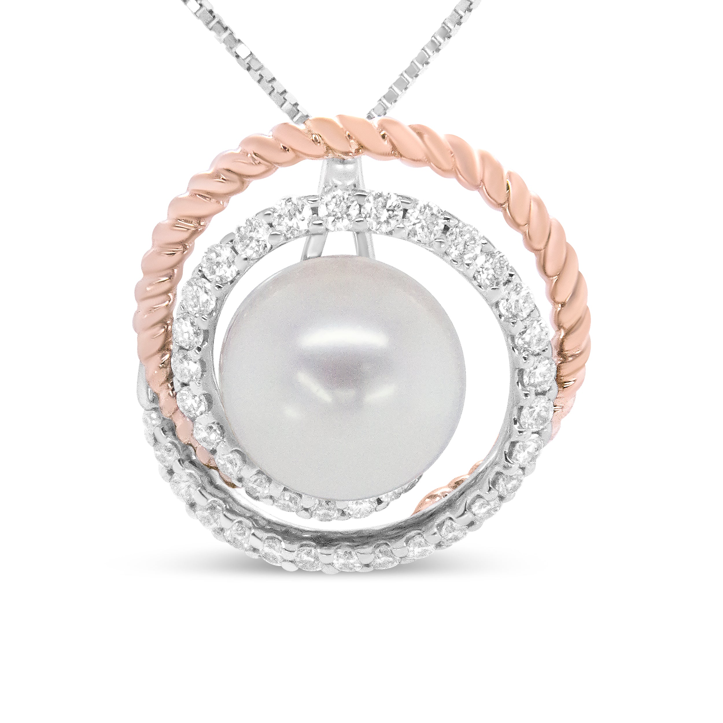 14K Rose and White Gold 3/8 Cttw Pave Diamond and 9mm Round Pearl Spiral Openwork 18" Pendant Necklace- (H-I Color, VS1-VS2 Clarity) DestGlow