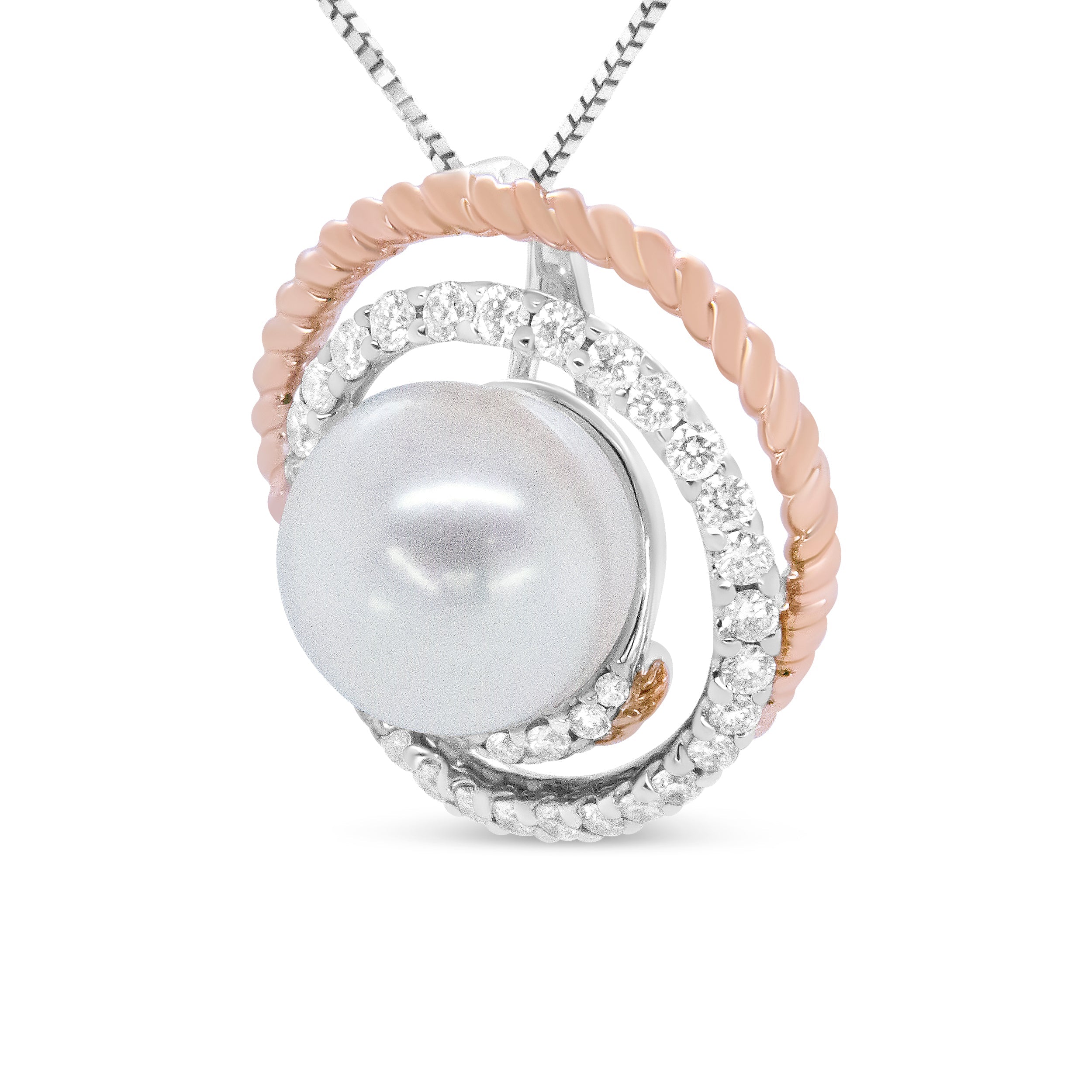 14K Rose and White Gold 3/8 Cttw Pave Diamond and 9mm Round Pearl Spiral Openwork 18" Pendant Necklace- (H-I Color, VS1-VS2 Clarity) DestGlow