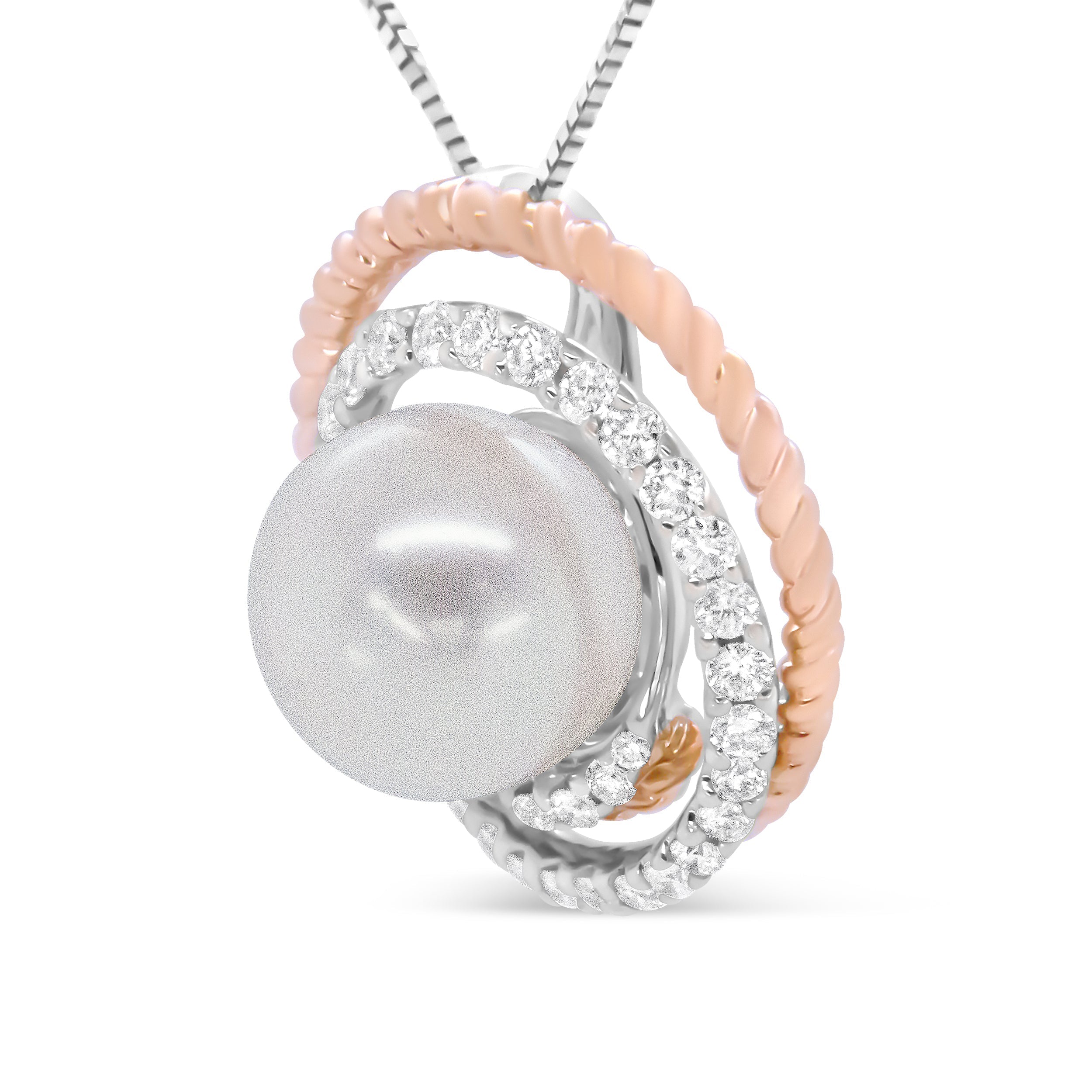 14K Rose and White Gold 3/8 Cttw Pave Diamond and 9mm Round Pearl Spiral Openwork 18" Pendant Necklace- (H-I Color, VS1-VS2 Clarity) DestGlow