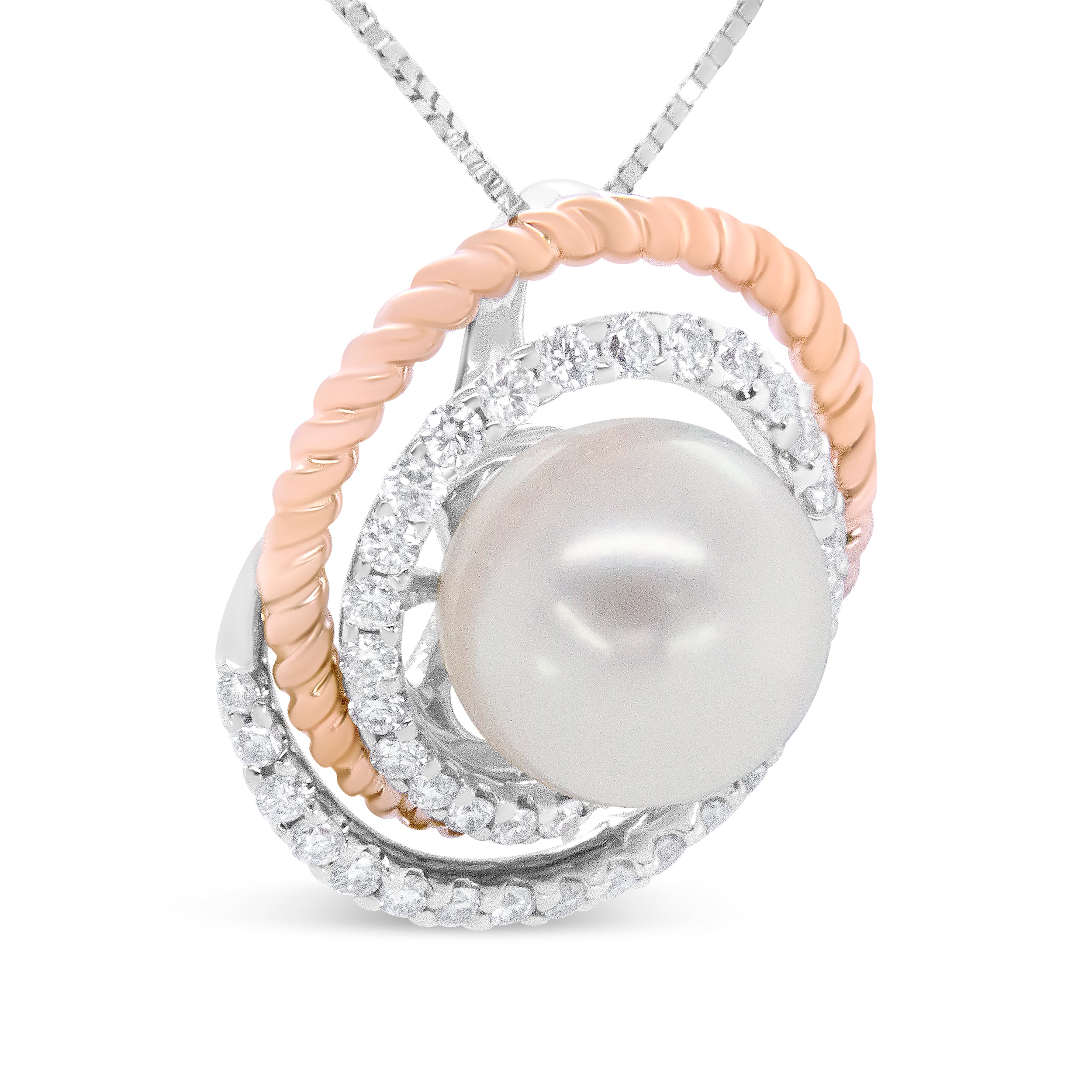 14K Rose and White Gold 3/8 Cttw Pave Diamond and 9mm Round Pearl Spiral Openwork 18" Pendant Necklace- (H-I Color, VS1-VS2 Clarity) DestGlow