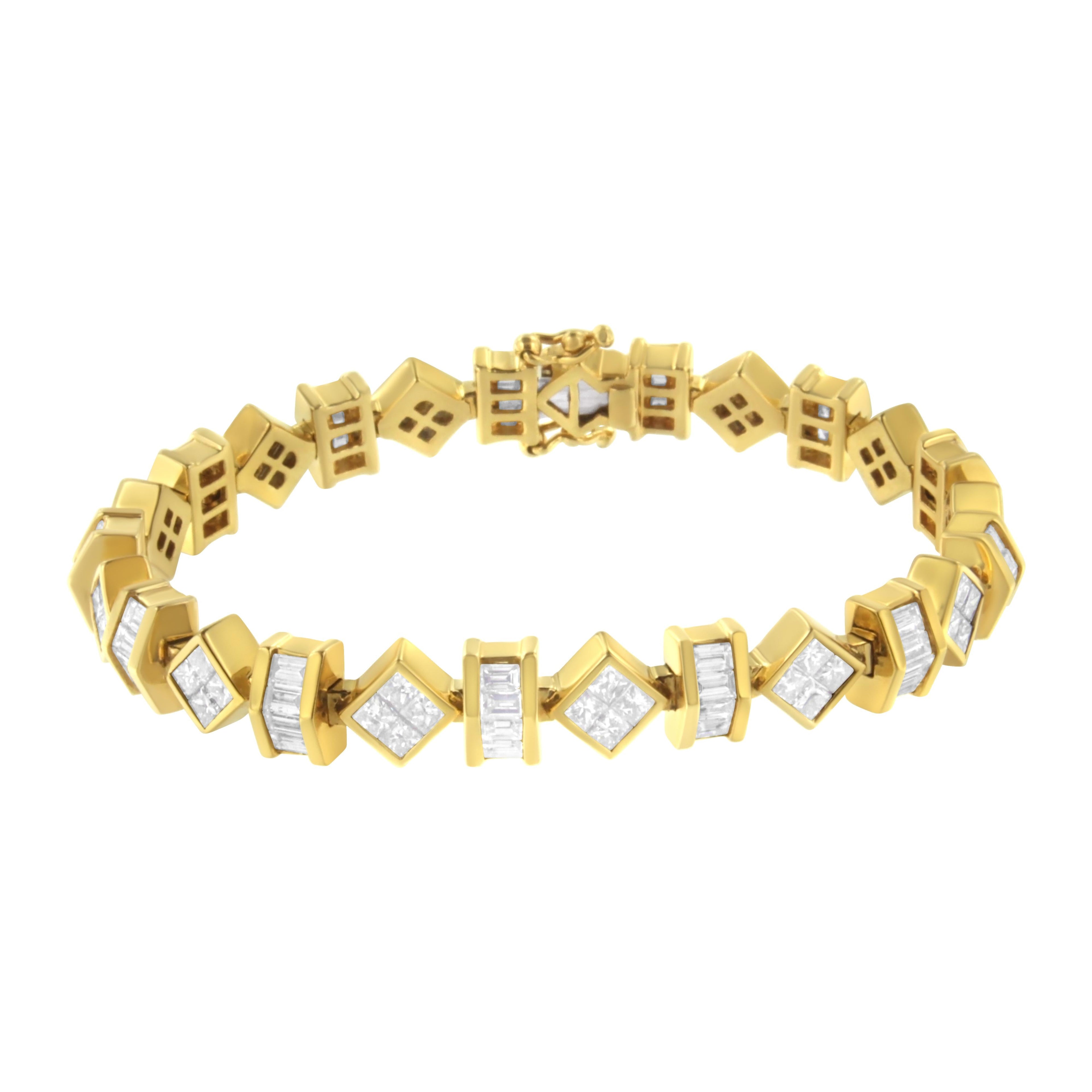14K Yellow Gold 7.50 Cttw Princess and Baguette Diamond Geometric Link Bracelet by Bids.com