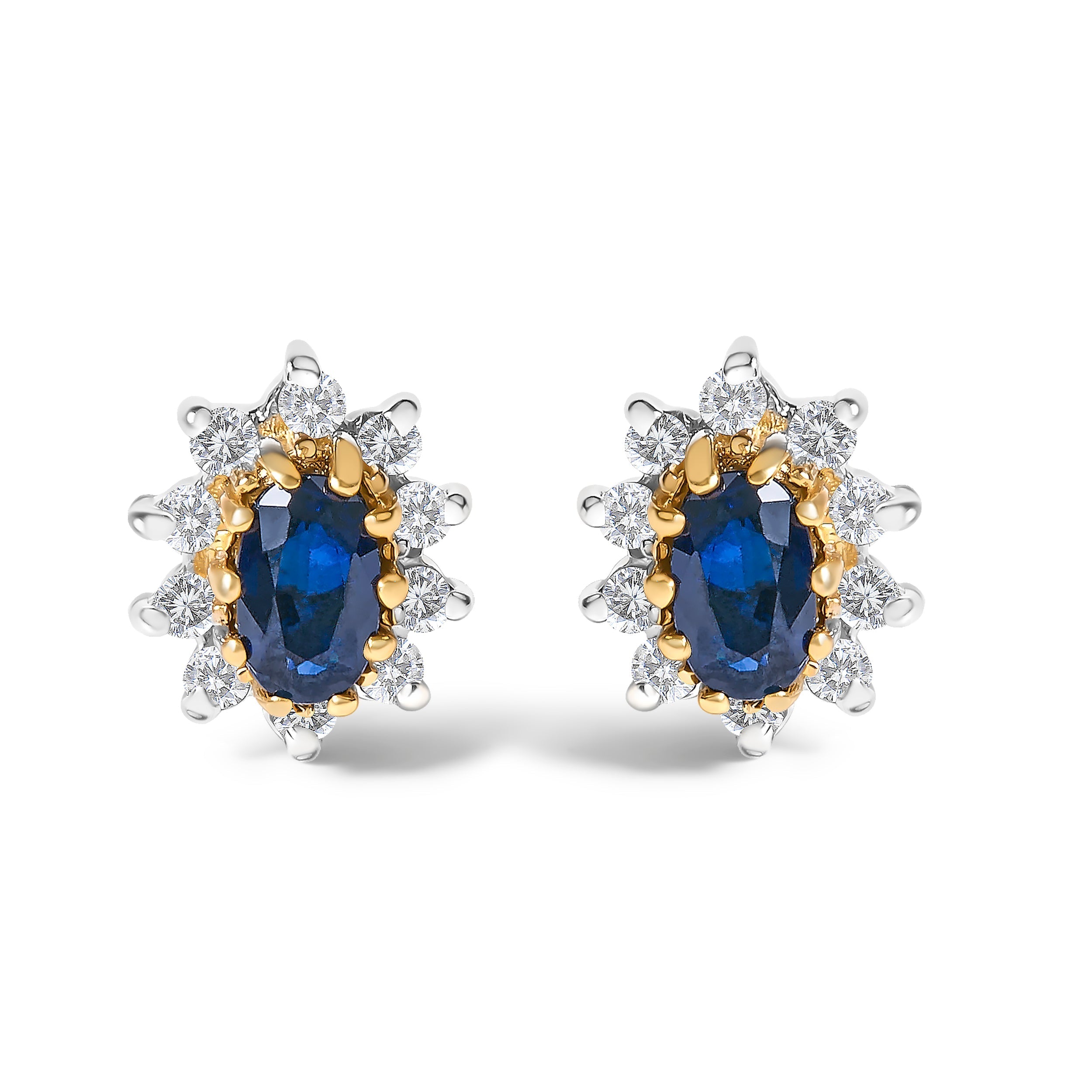 14K Yellow Gold 1/4 Cttw Diamond and Blue Sapphire Sunburst Halo Stud Earrings (K-L Color, I1-I2 Clarity) DestGlow