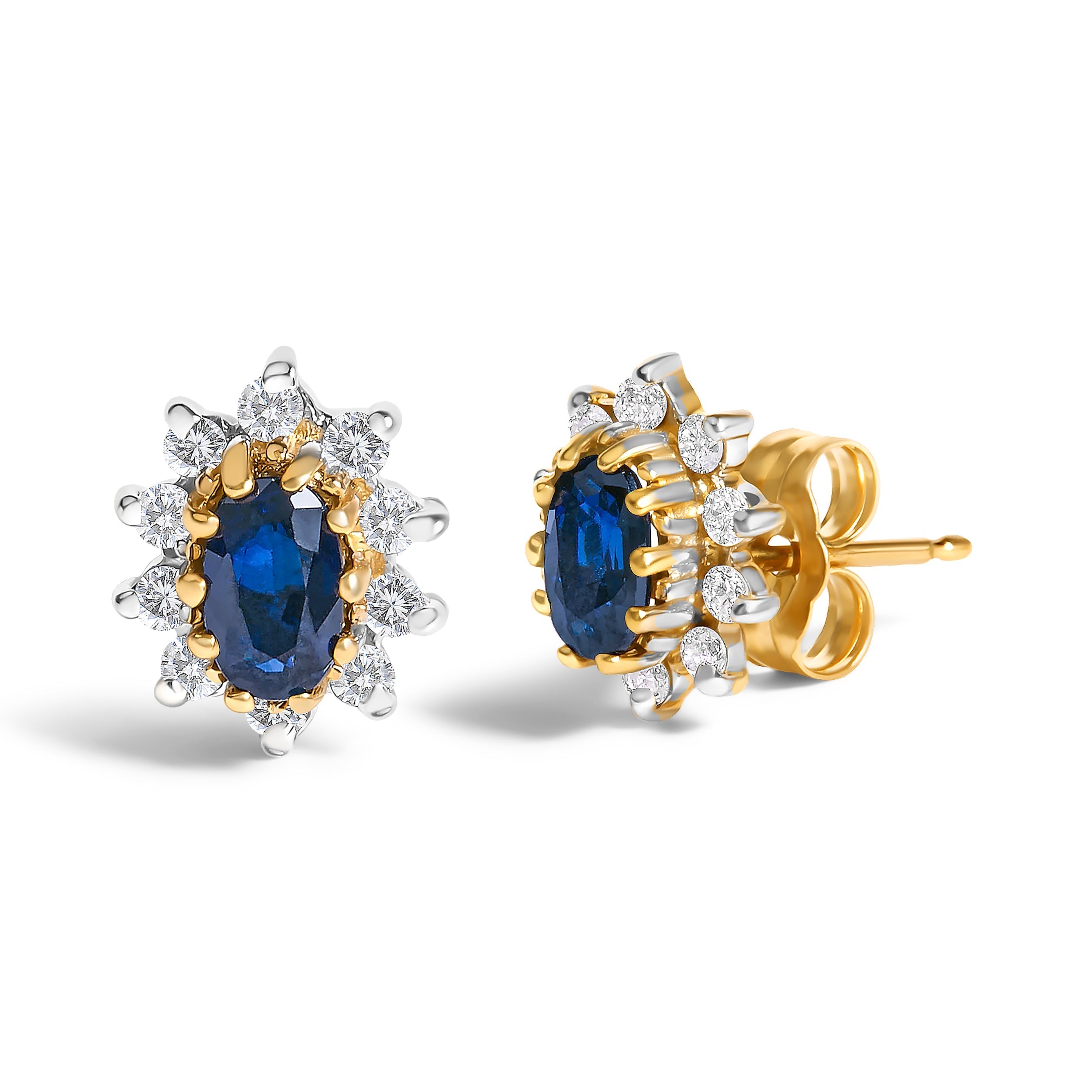 14K Yellow Gold 1/4 Cttw Diamond and Blue Sapphire Sunburst Halo Stud Earrings (K-L Color, I1-I2 Clarity) DestGlow