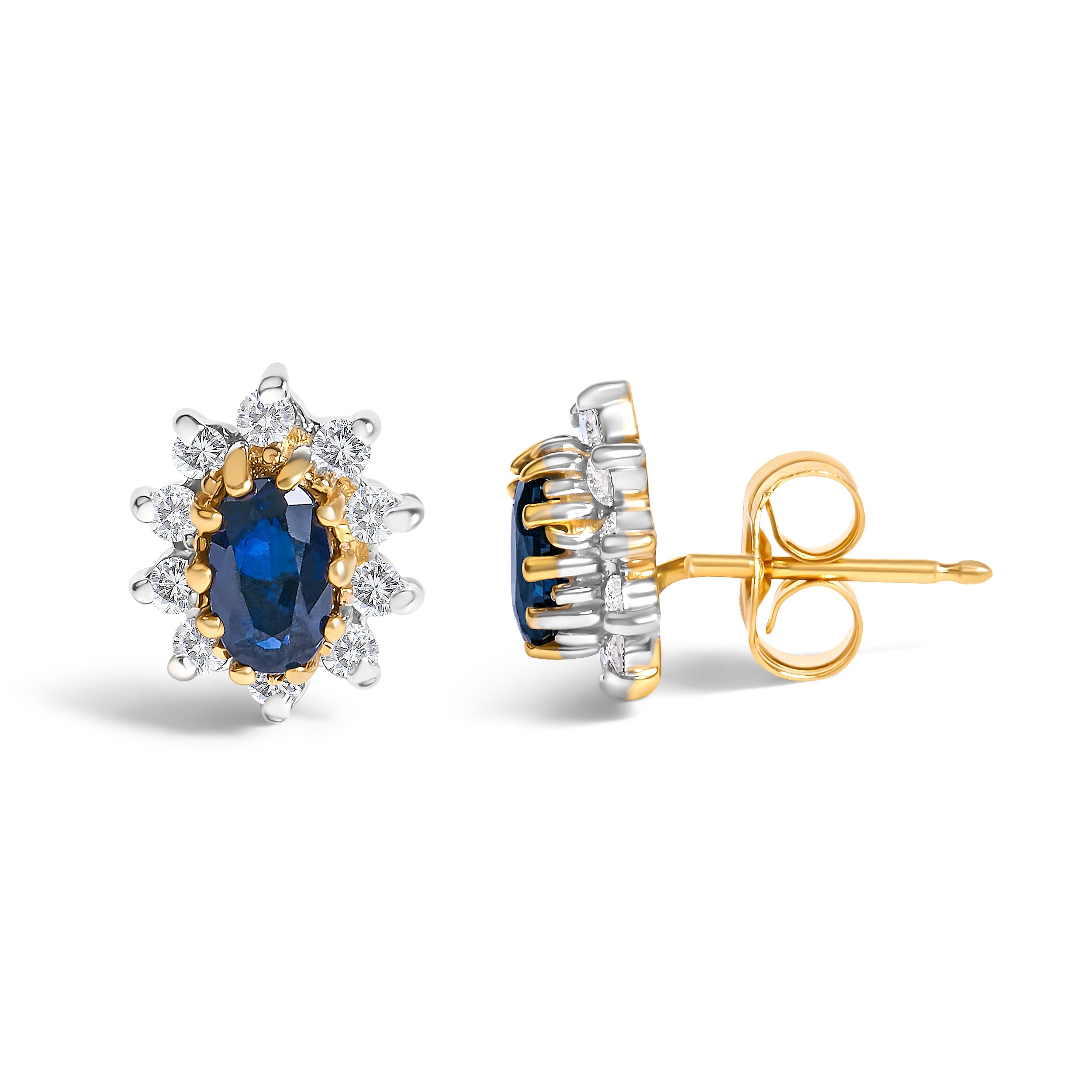 14K Yellow Gold 1/4 Cttw Diamond and Blue Sapphire Sunburst Halo Stud Earrings (K-L Color, I1-I2 Clarity) DestGlow