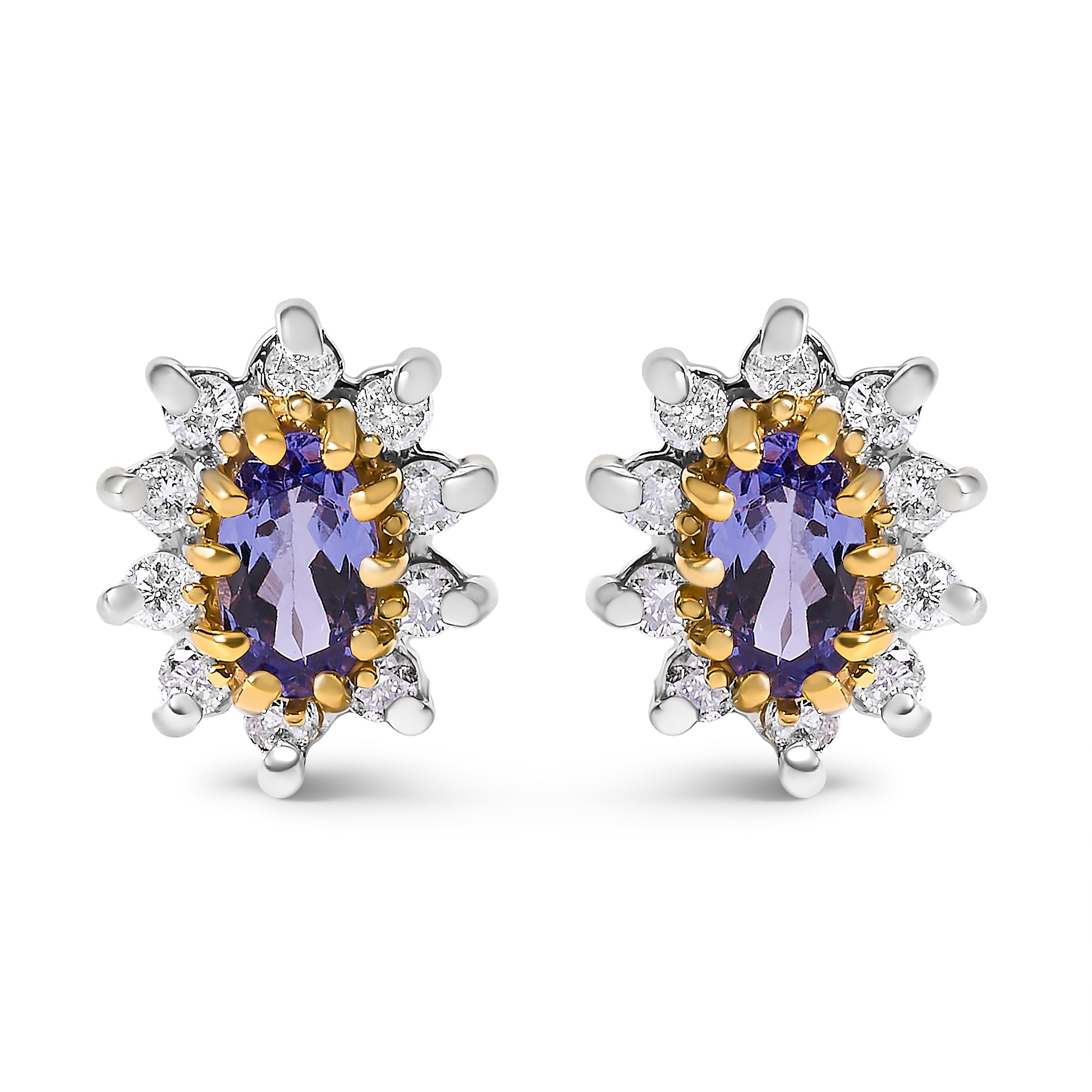 14K Yellow Gold 1/4 Cttw Diamond and Blue Purple Tanzanite Sunburst Halo Stud Earrings (K-L Color, I1-I2 Clarity) DestGlow