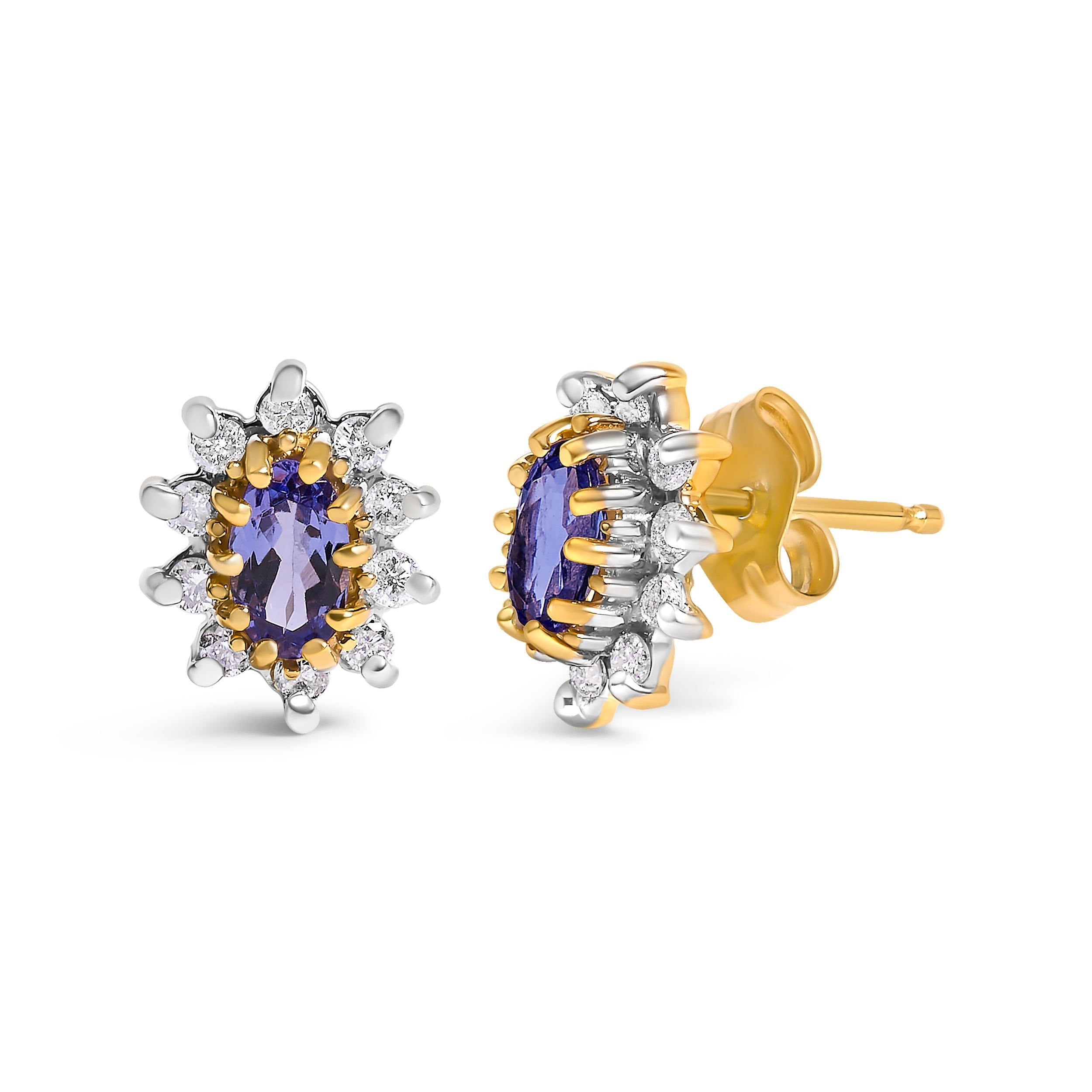 14K Yellow Gold 1/4 Cttw Diamond and Blue Purple Tanzanite Sunburst Halo Stud Earrings (K-L Color, I1-I2 Clarity) DestGlow