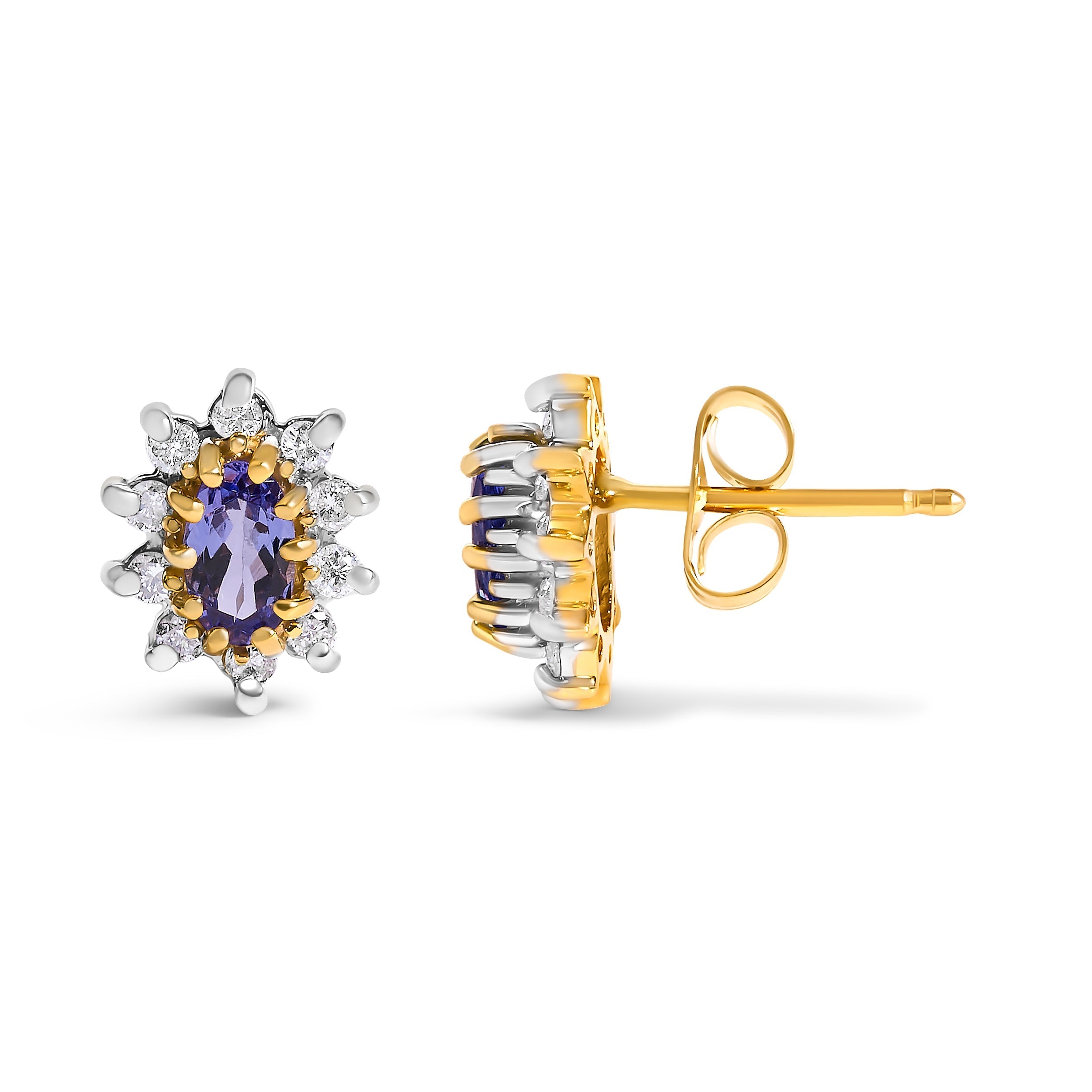 14K Yellow Gold 1/4 Cttw Diamond and Blue Purple Tanzanite Sunburst Halo Stud Earrings (K-L Color, I1-I2 Clarity) DestGlow