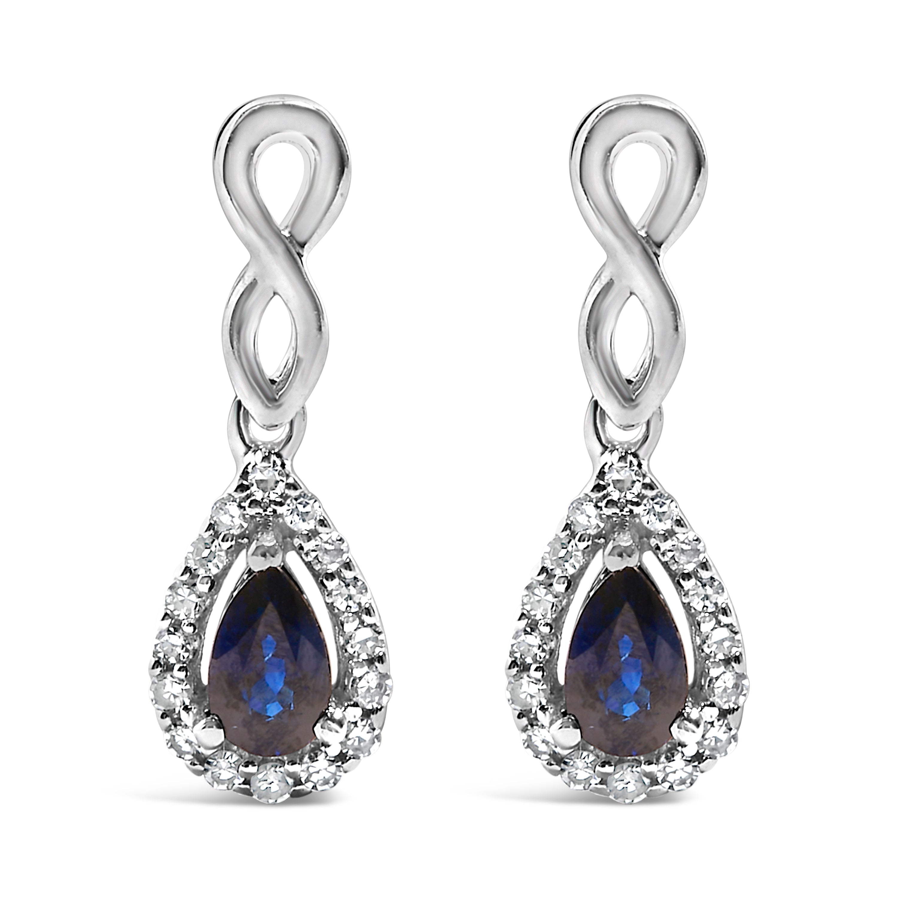 10K White Gold Pear Cut Blue Sapphire and 1/7 Cttw Diamond Infinity Drop and Dangle Earrings (I-J Color, I1-I2 Clarity) DestGlow