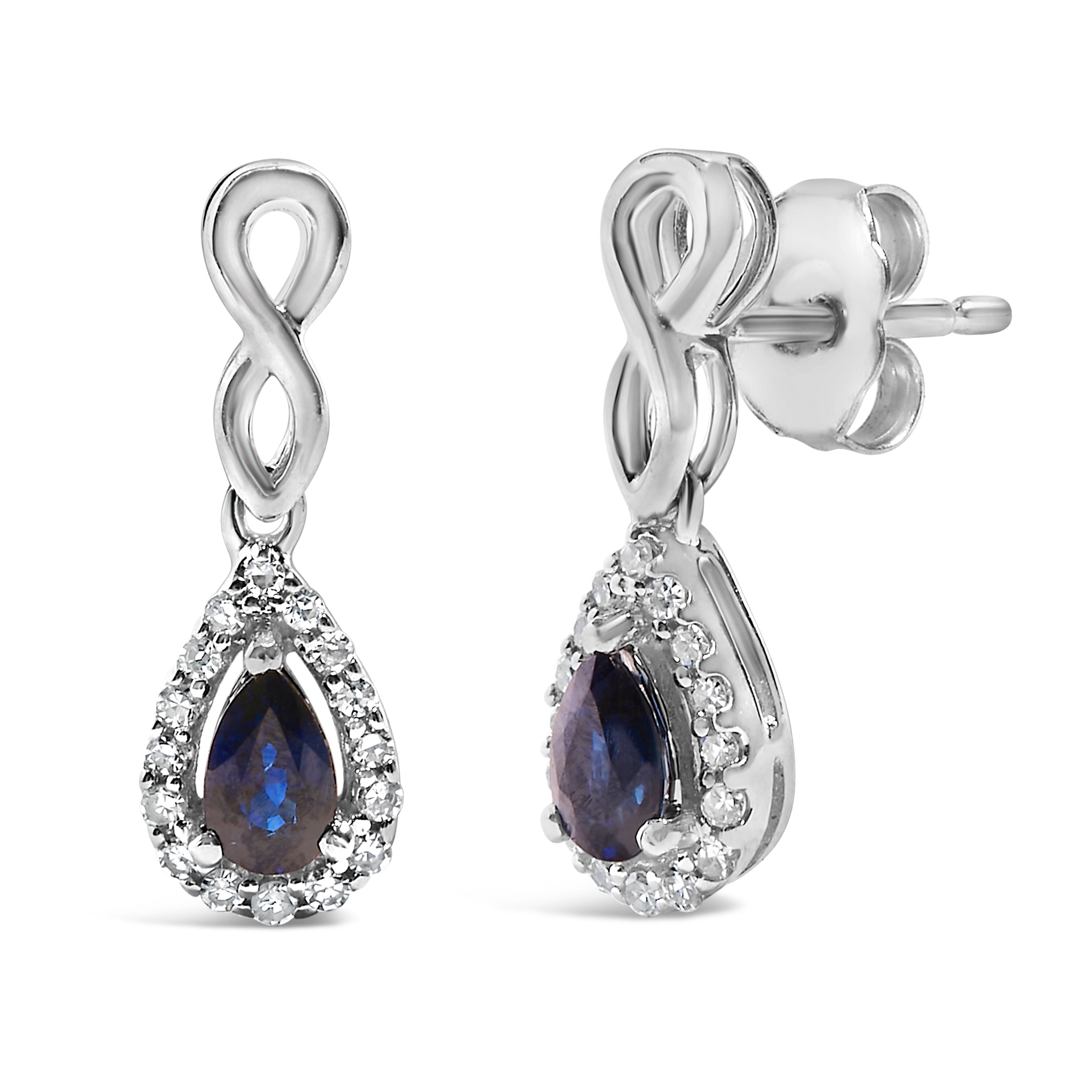 10K White Gold Pear Cut Blue Sapphire and 1/7 Cttw Diamond Infinity Drop and Dangle Earrings (I-J Color, I1-I2 Clarity) DestGlow