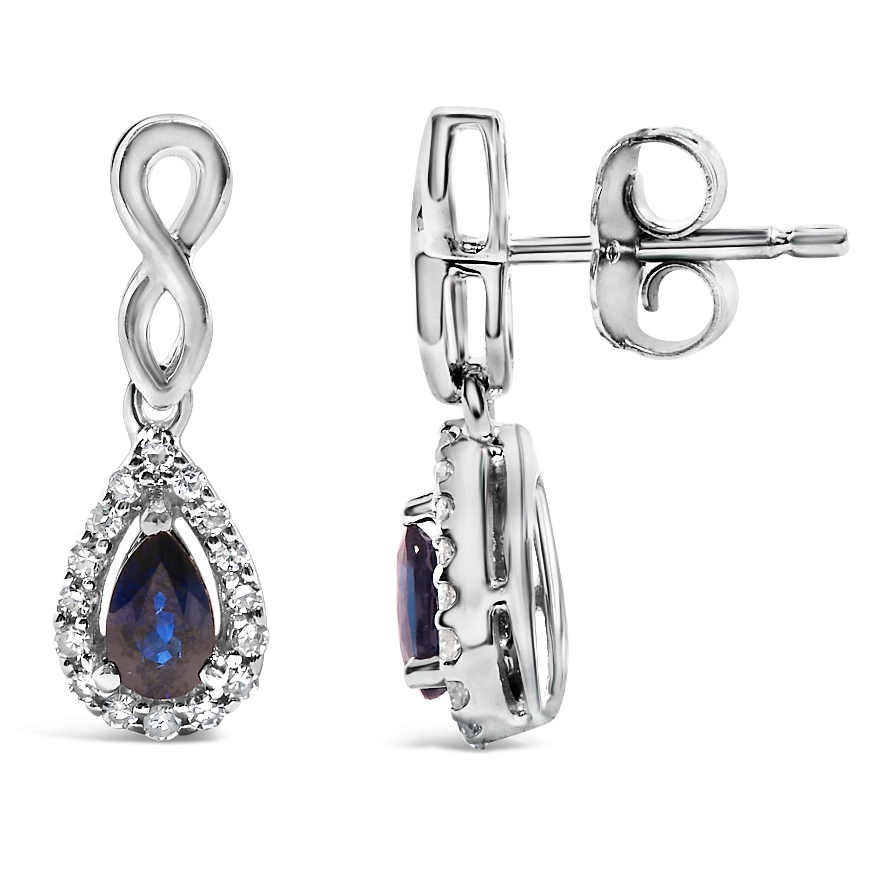 10K White Gold Pear Cut Blue Sapphire and 1/7 Cttw Diamond Infinity Drop and Dangle Earrings (I-J Color, I1-I2 Clarity) DestGlow