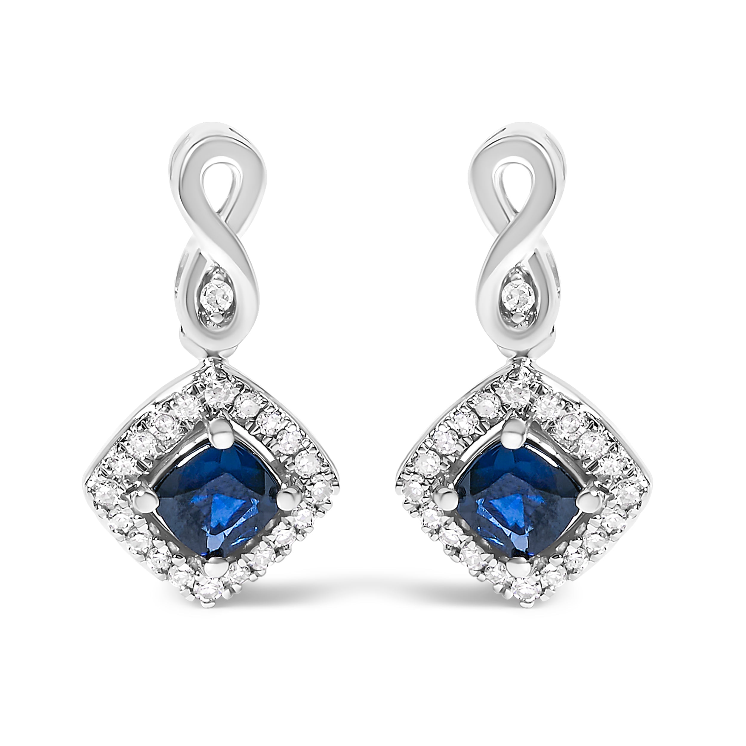 10K White Gold Blue Sapphire and Diamond Halo Cushion Shaped Drop Earrings (I-J Color, I1-I2 Clarity)