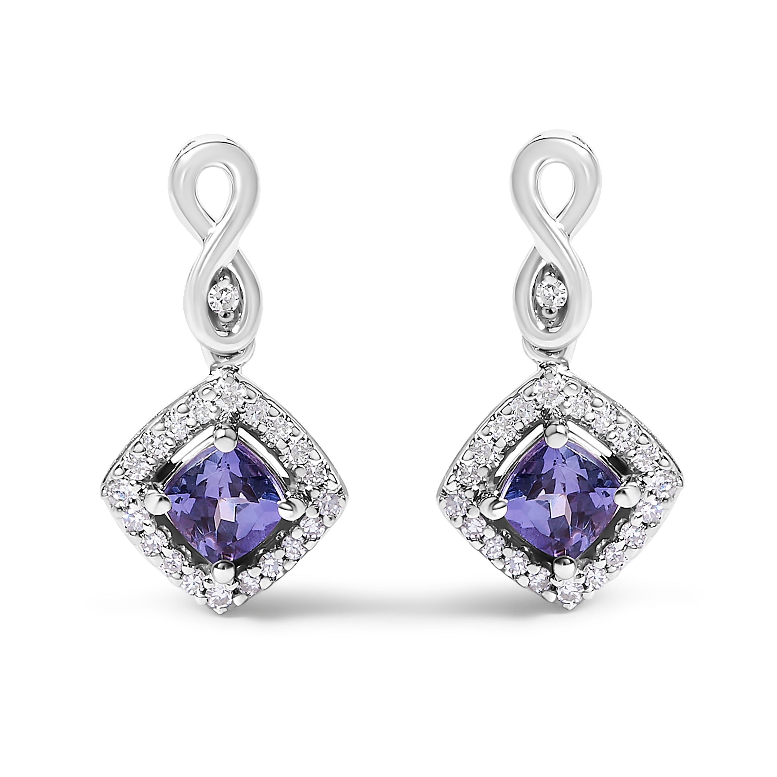 10K White Gold Blue Purple Tanzanite and Diamond Halo Cushion Shaped Drop Earrings (I-J Color, I1-I2 Clarity) DestGlow