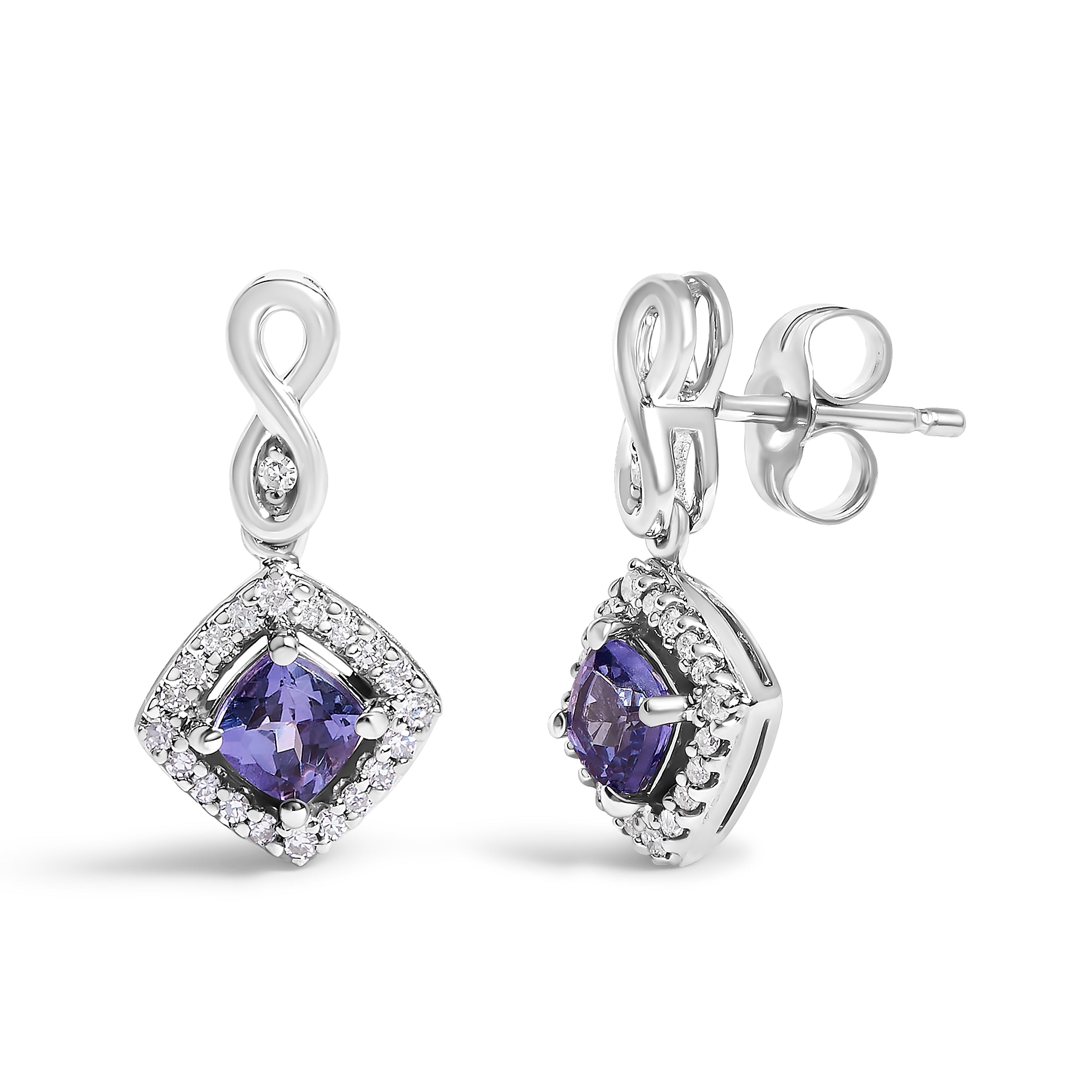 10K White Gold Blue Purple Tanzanite and Diamond Halo Cushion Shaped Drop Earrings (I-J Color, I1-I2 Clarity) DestGlow