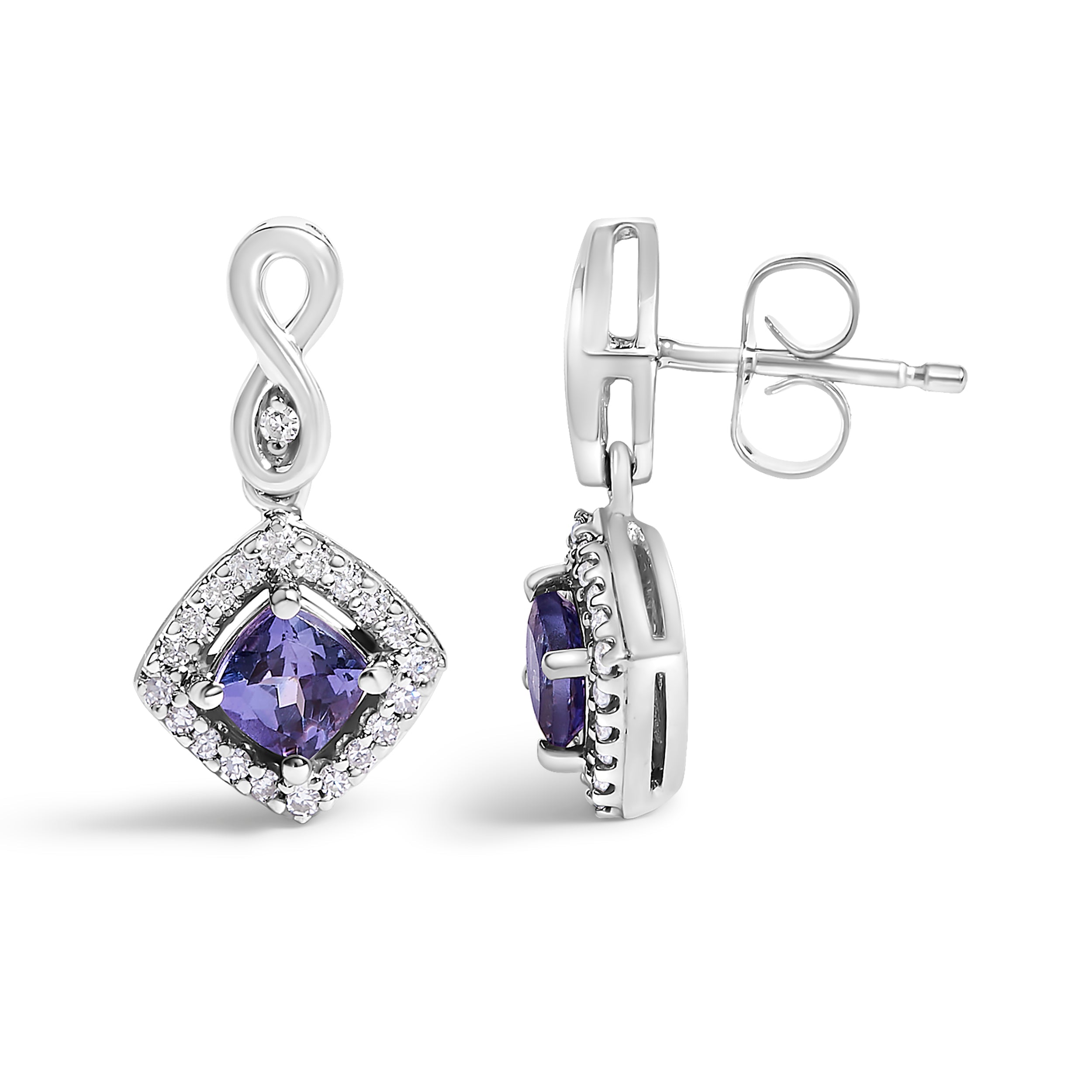 10K White Gold Blue Purple Tanzanite and Diamond Halo Cushion Shaped Drop Earrings (I-J Color, I1-I2 Clarity) DestGlow