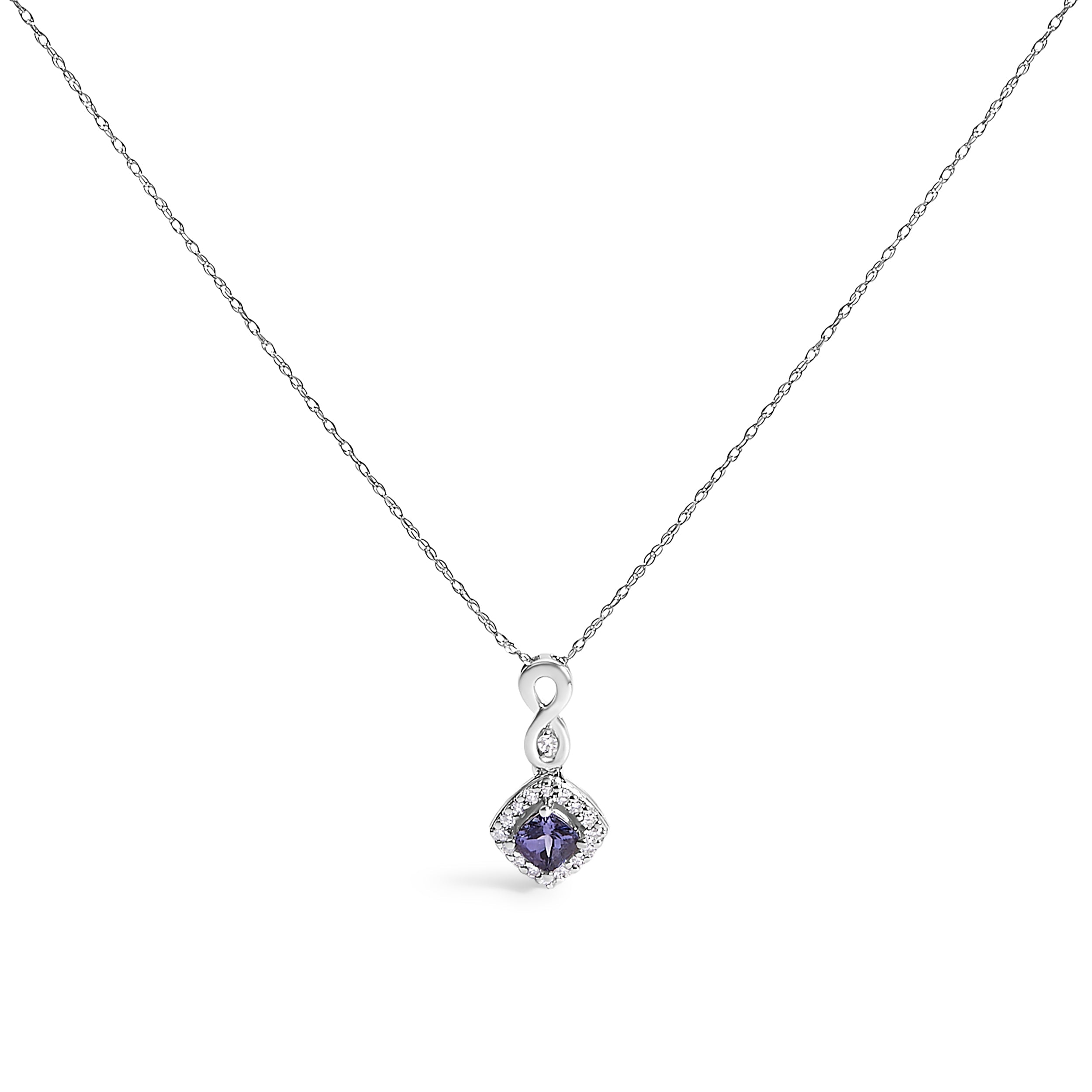 10K White Gold Blue Purple Tanzanite and Diamond Accent Cushion Drop Pendant Necklace - 18" Inches DestGlow