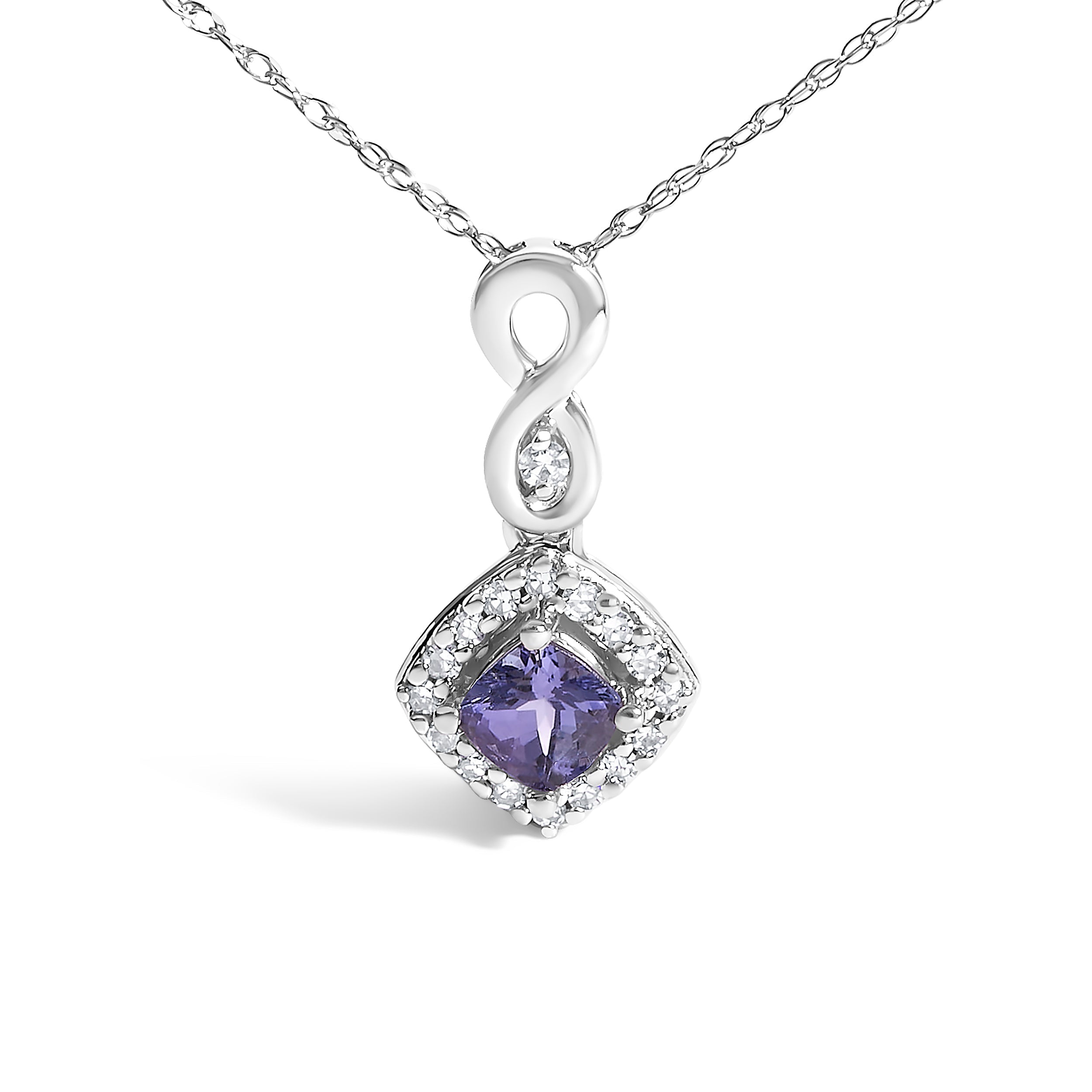 10K White Gold Blue Purple Tanzanite and Diamond Accent Cushion Drop Pendant Necklace - 18" Inches DestGlow
