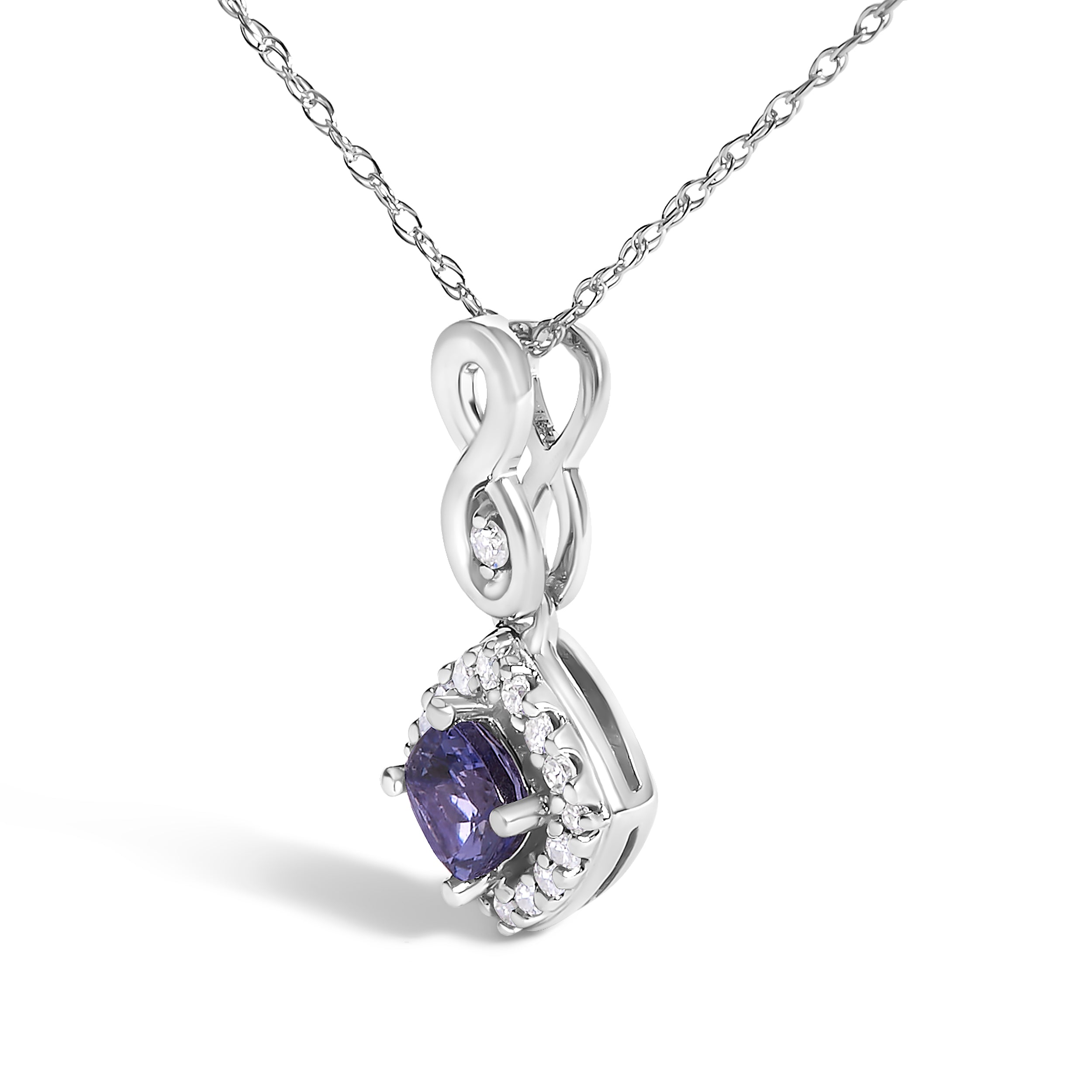 10K White Gold Blue Purple Tanzanite and Diamond Accent Cushion Drop Pendant Necklace - 18" Inches DestGlow