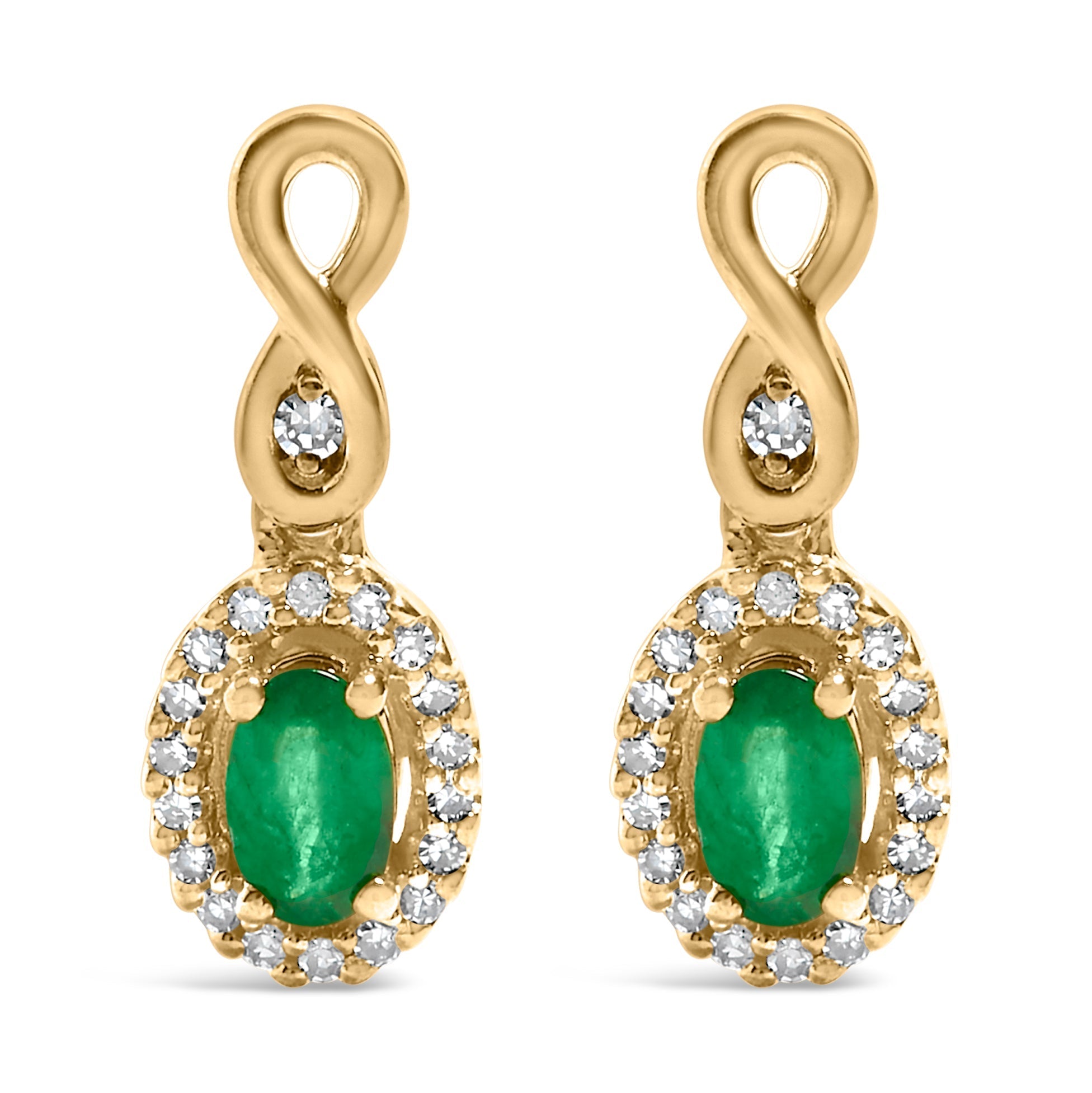 10K Yellow Gold Oval Cut Green Emerald 5x3 mm and 1/7 Cttw Round Diamond Dangle Earrings DestGlow
