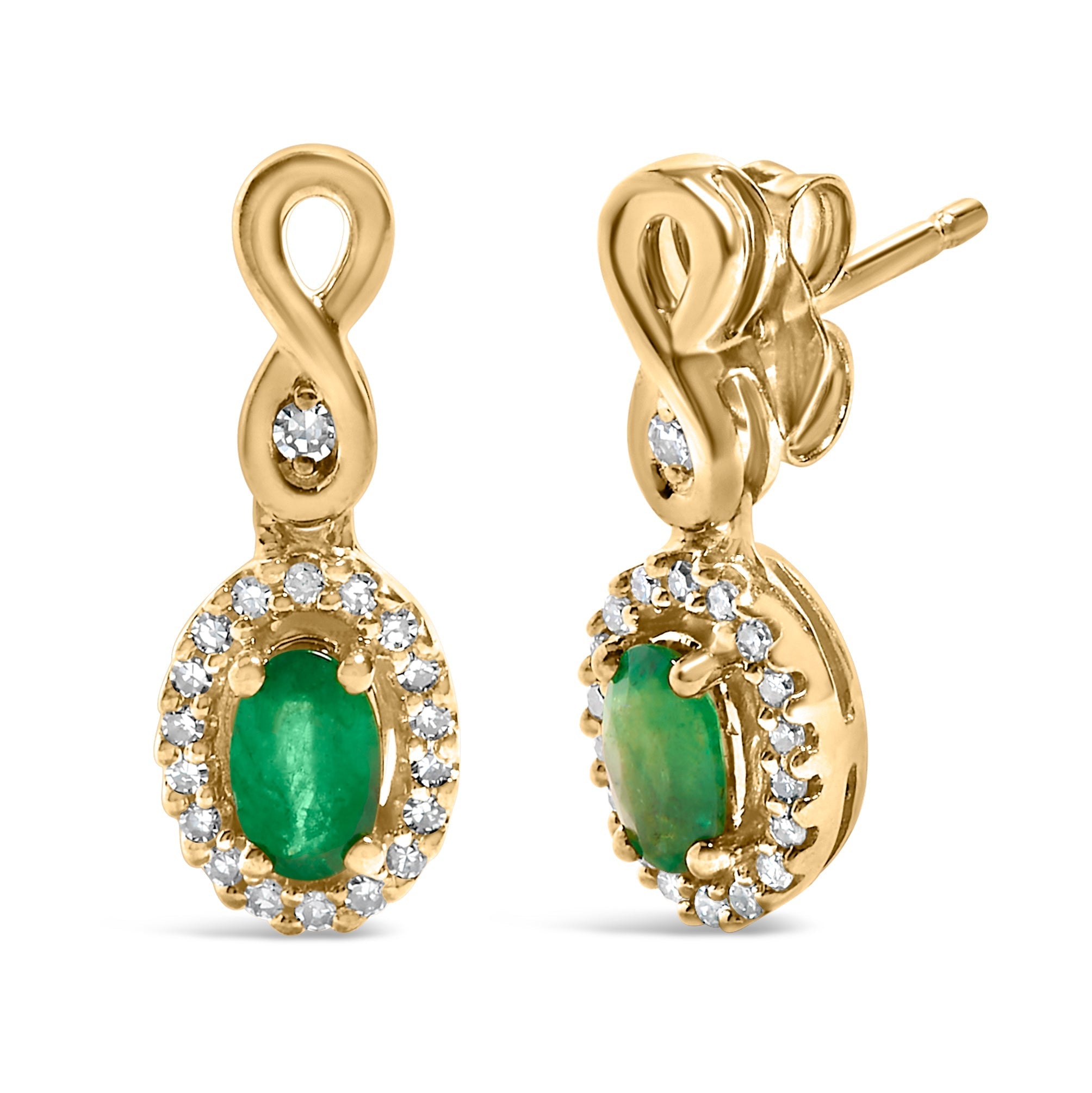 10K Yellow Gold Oval Cut Green Emerald 5x3 mm and 1/7 Cttw Round Diamond Dangle Earrings DestGlow