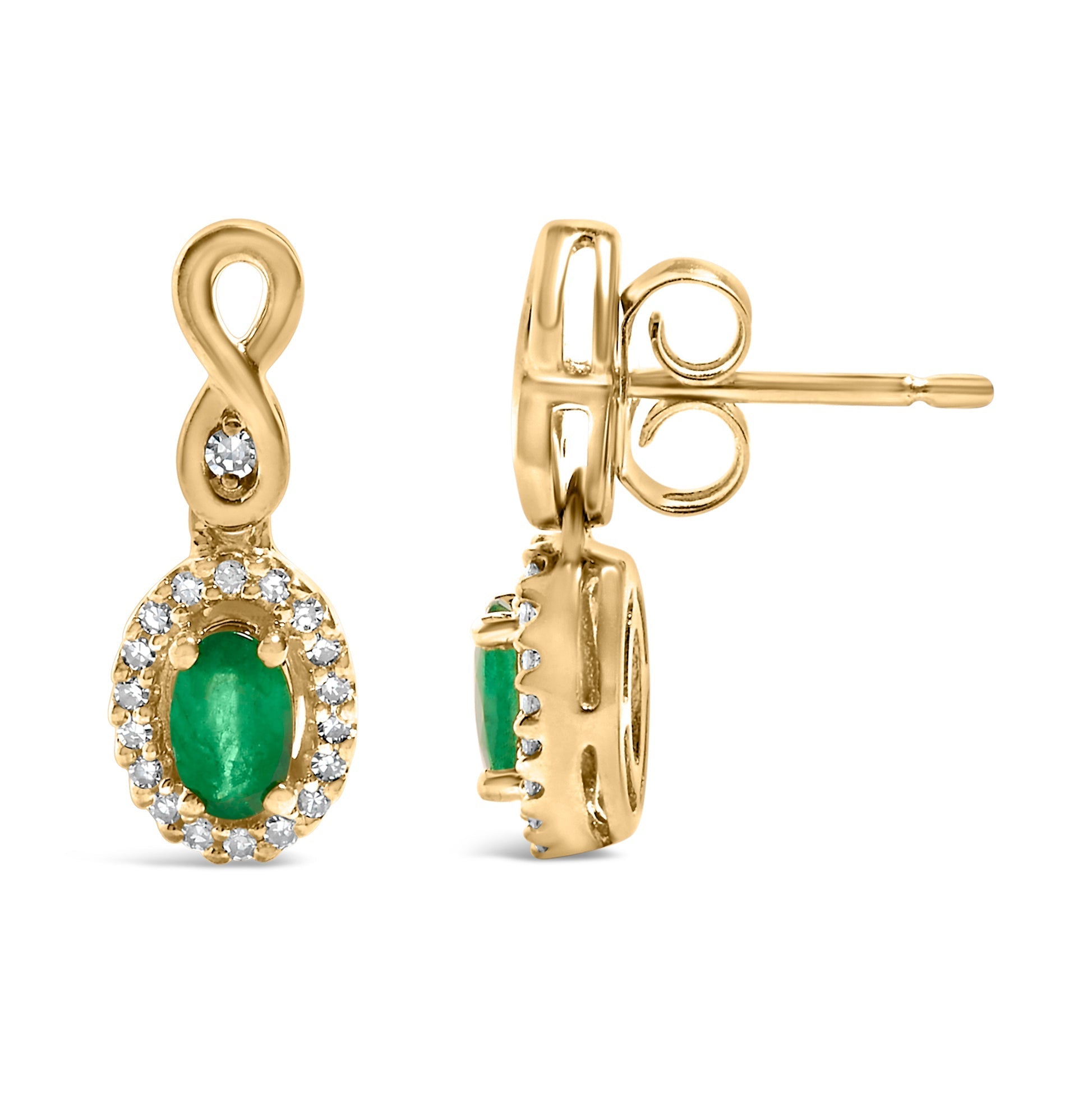 10K Yellow Gold Oval Cut Green Emerald 5x3 mm and 1/7 Cttw Round Diamond Dangle Earrings DestGlow