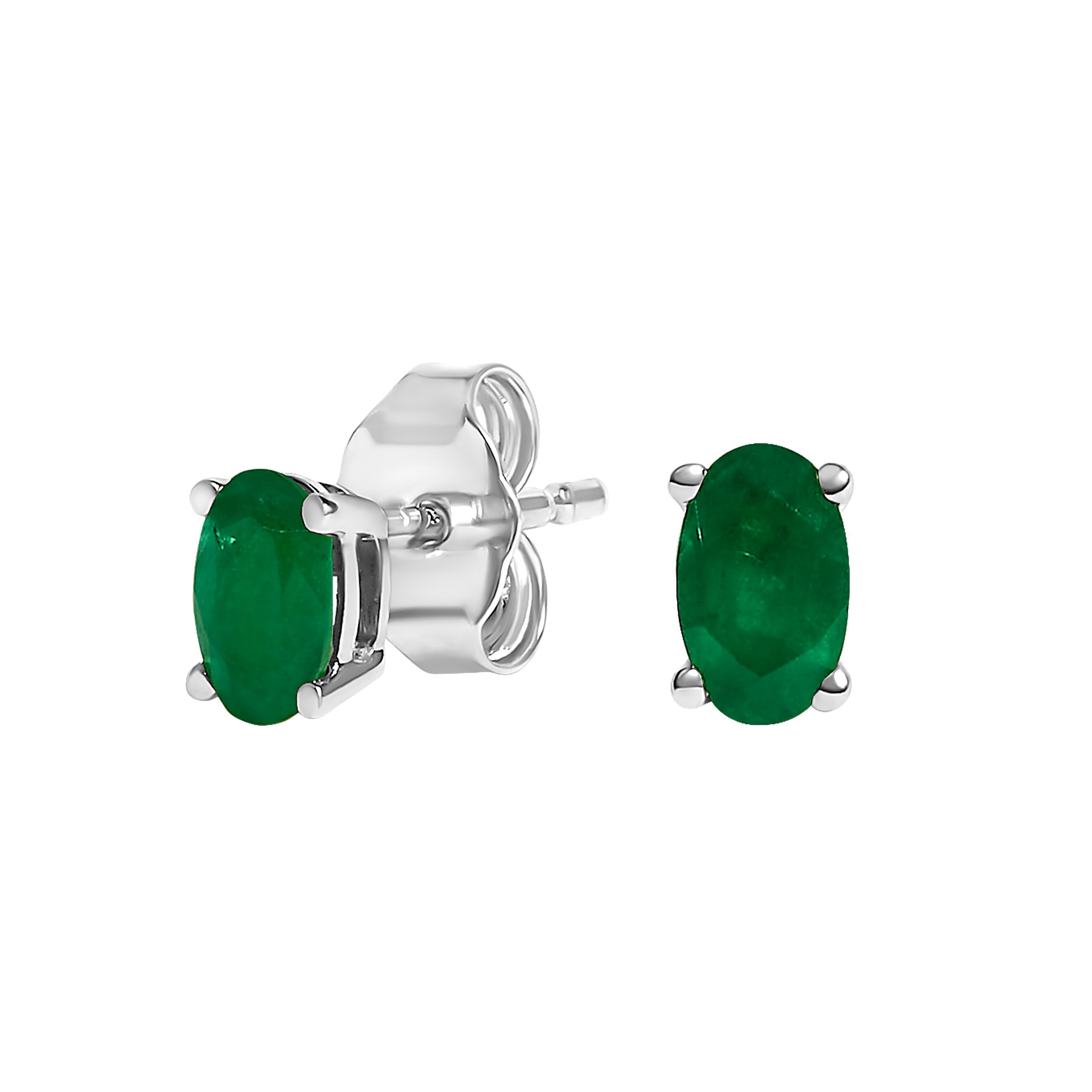 14K White Gold 5x3 MM Oval Green Emerald Solitaire Stud Earrings DestGlow