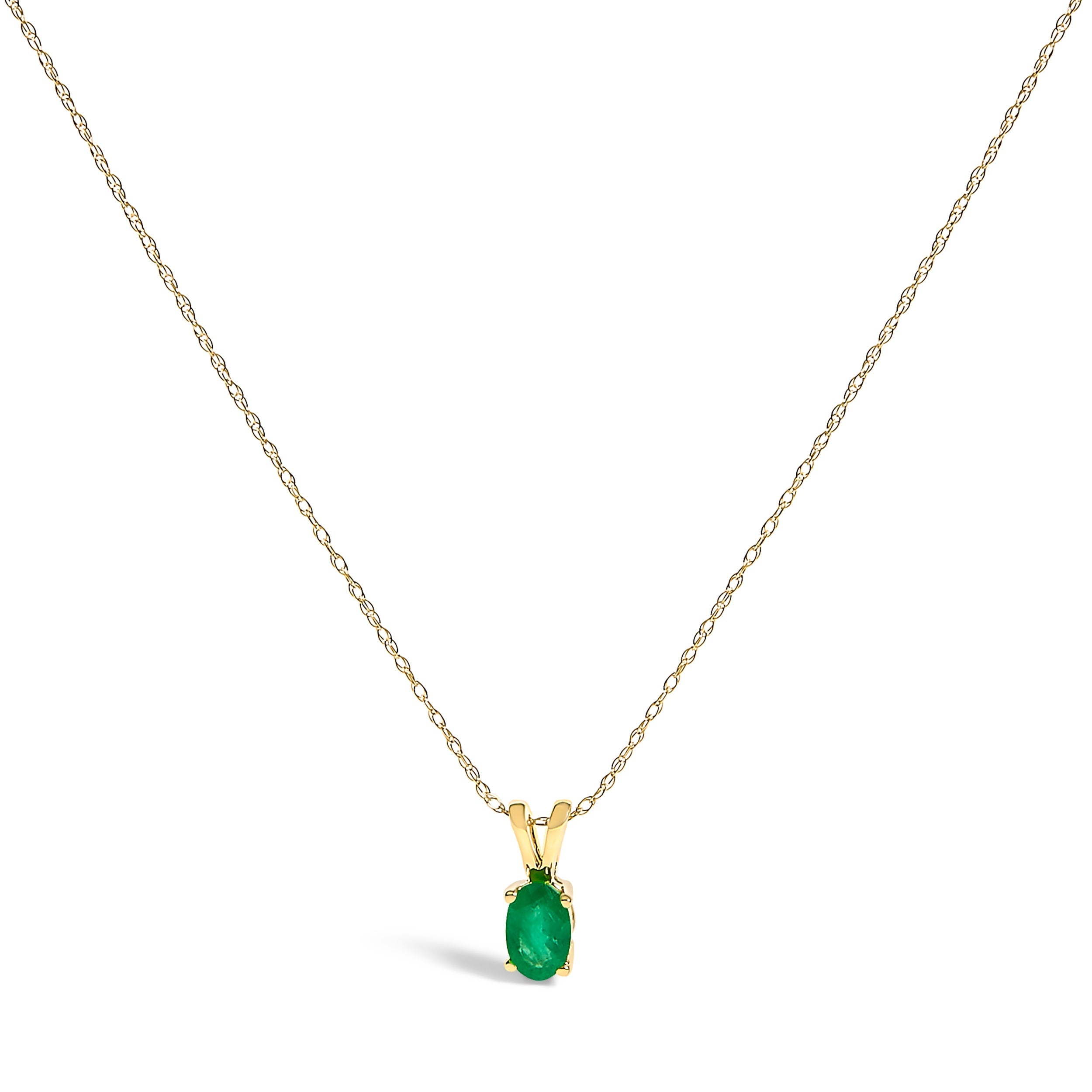 14K Yellow Gold Oval Green Emerald Solitaire Pendant Necklace - 18" Inches DestGlow