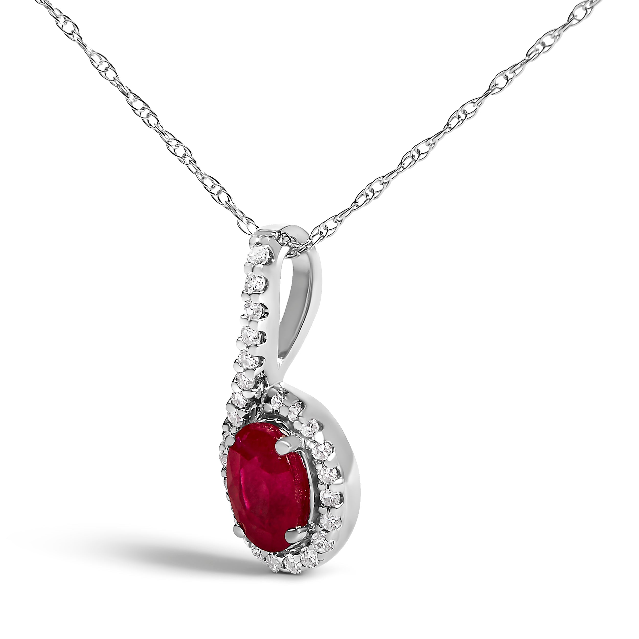 10K White Gold Red Ruby and Diamond Accent Teardrop Pendant Necklace - 18" Inches DestGlow