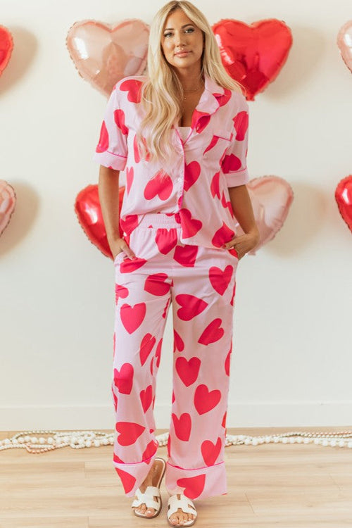 Women's Valentine's Day Pajama Set - Heart Print Short Sleeve Shirt & Pants