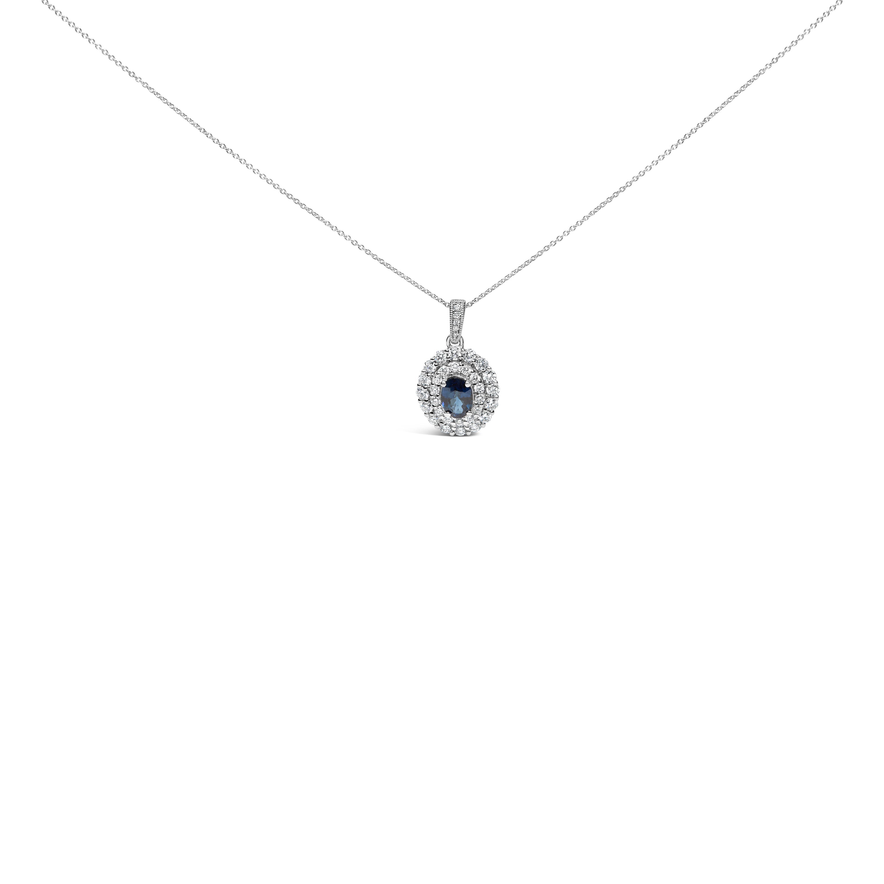 14K White Gold Oval Blue Sapphire and 3/4 Cttw Diamond Halo Pendant Necklace DestGlow