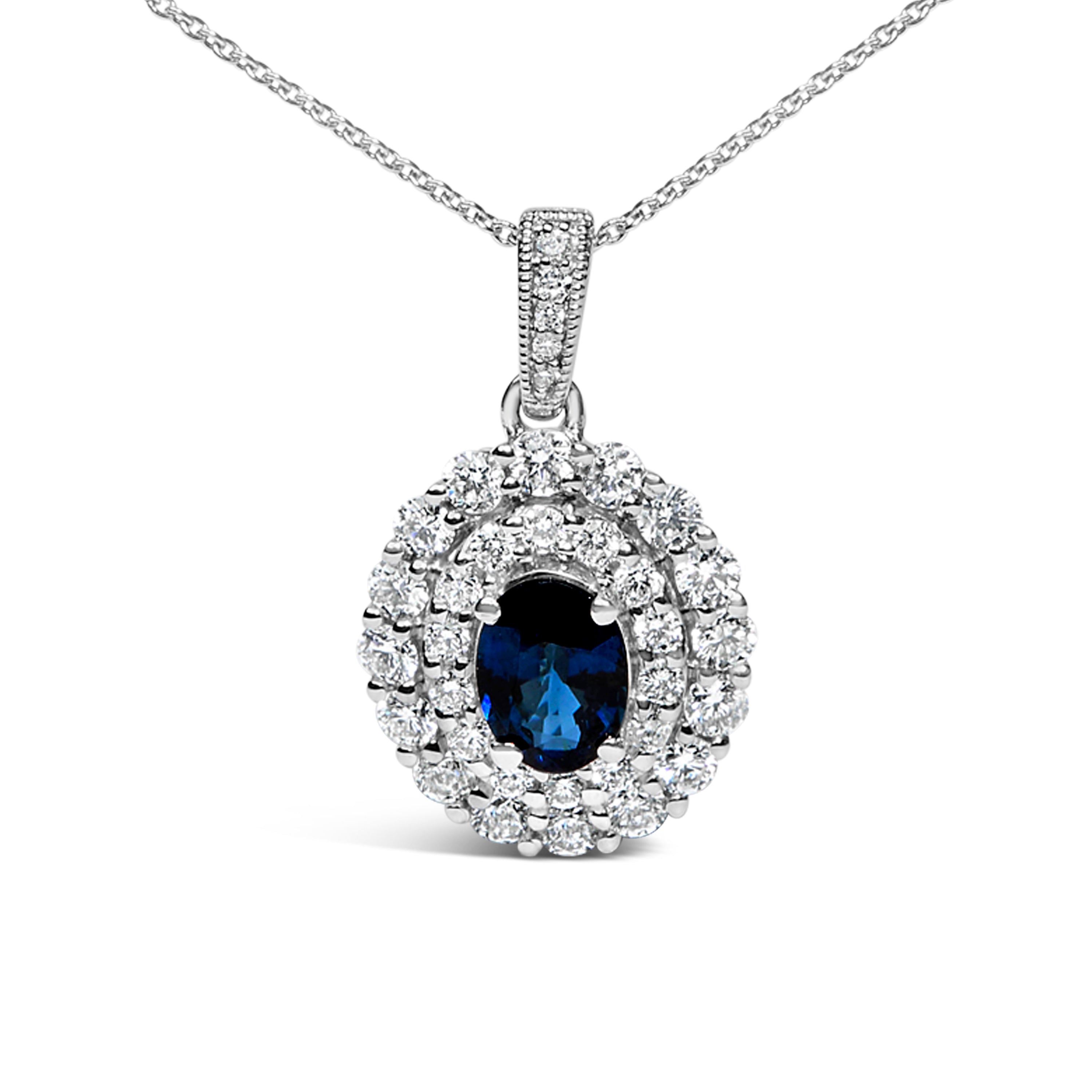 14K White Gold Oval Blue Sapphire and 3/4 Cttw Diamond Halo Pendant Necklace DestGlow