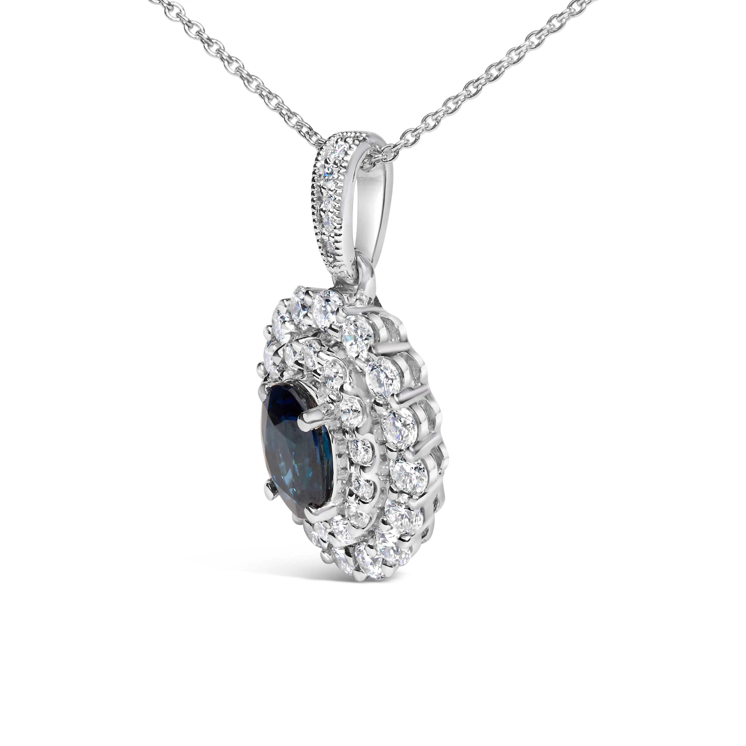 14K White Gold Oval Blue Sapphire and 3/4 Cttw Diamond Halo Pendant Necklace DestGlow