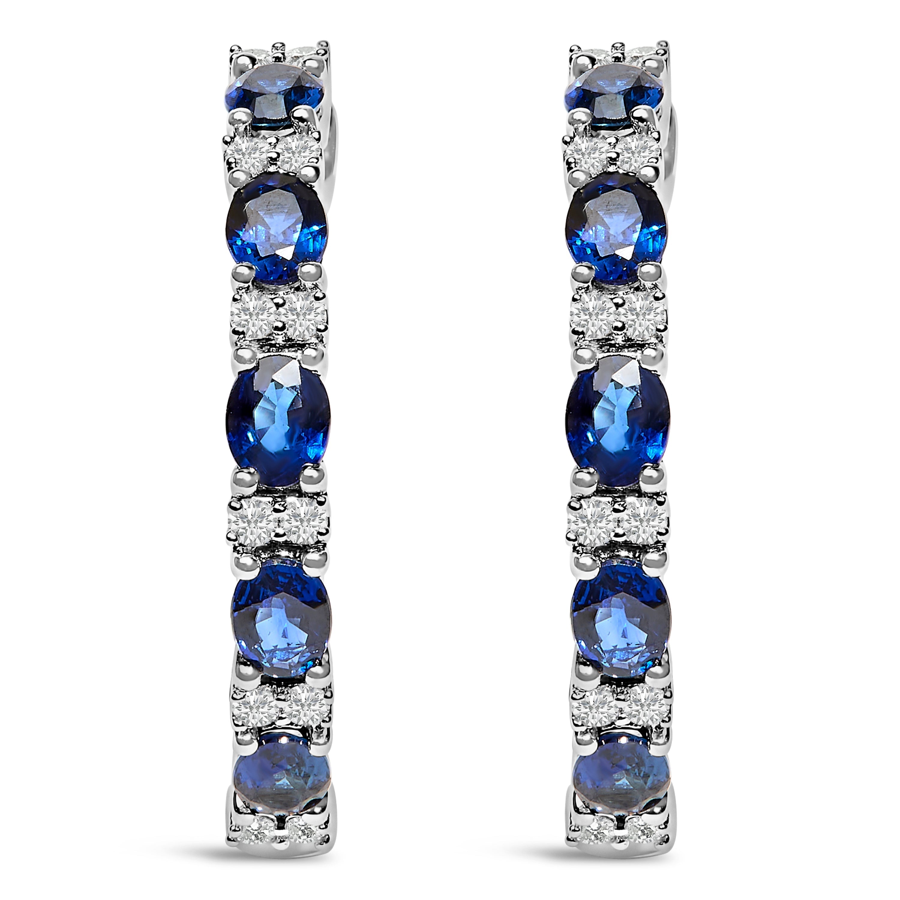 14K White Gold 4x3mm Oval Blue Sapphire and 1/4 Cttw Diamond Alternating Hoop Earring (I-J Color, SI2-I1 Clarity) DestGlow
