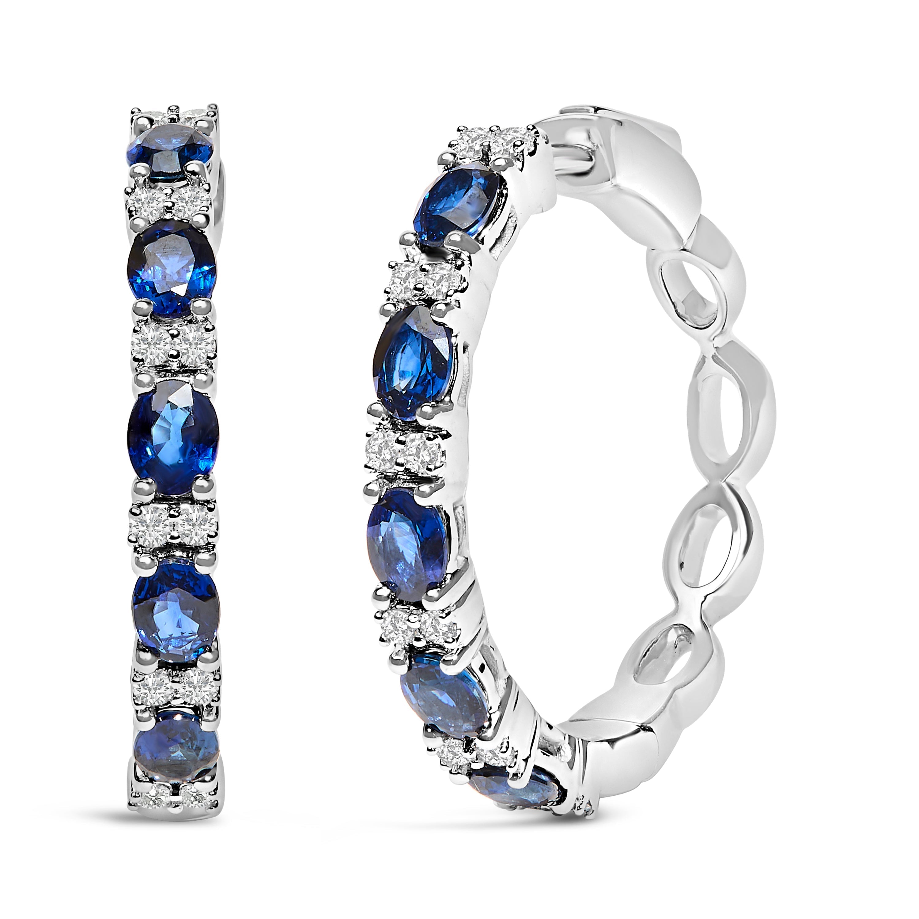 14K White Gold 4x3mm Oval Blue Sapphire and 1/4 Cttw Diamond Alternating Hoop Earring (I-J Color, SI2-I1 Clarity) DestGlow
