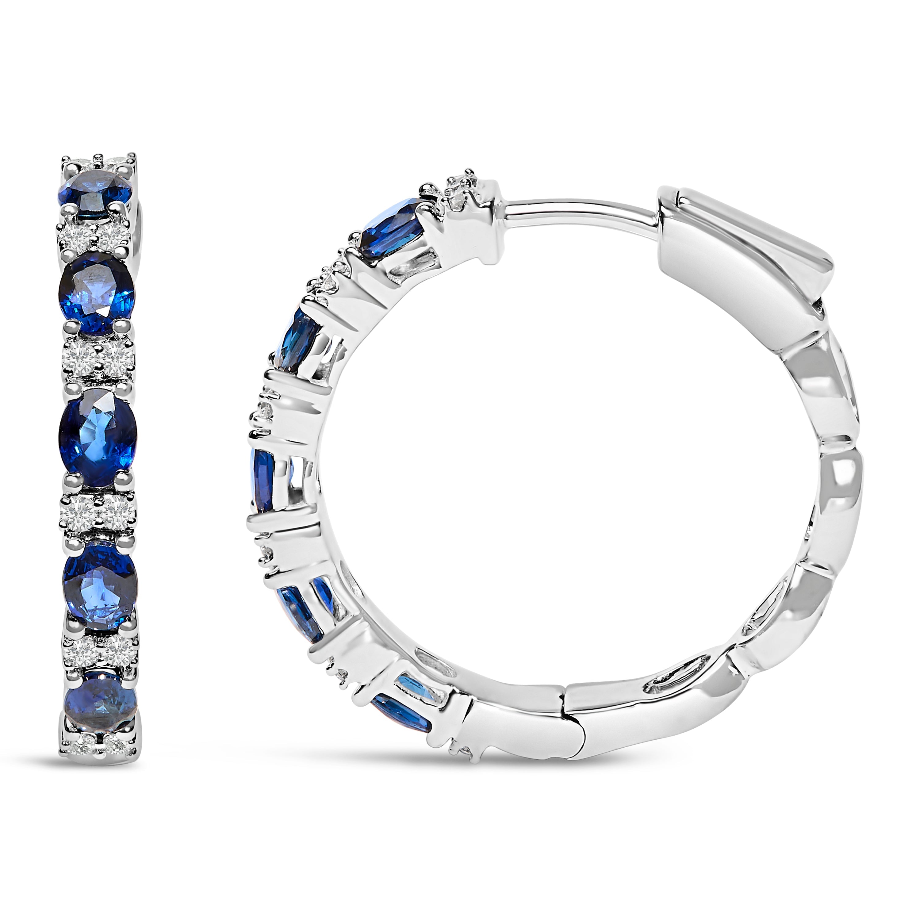 14K White Gold 4x3mm Oval Blue Sapphire and 1/4 Cttw Diamond Alternating Hoop Earring (I-J Color, SI2-I1 Clarity) DestGlow