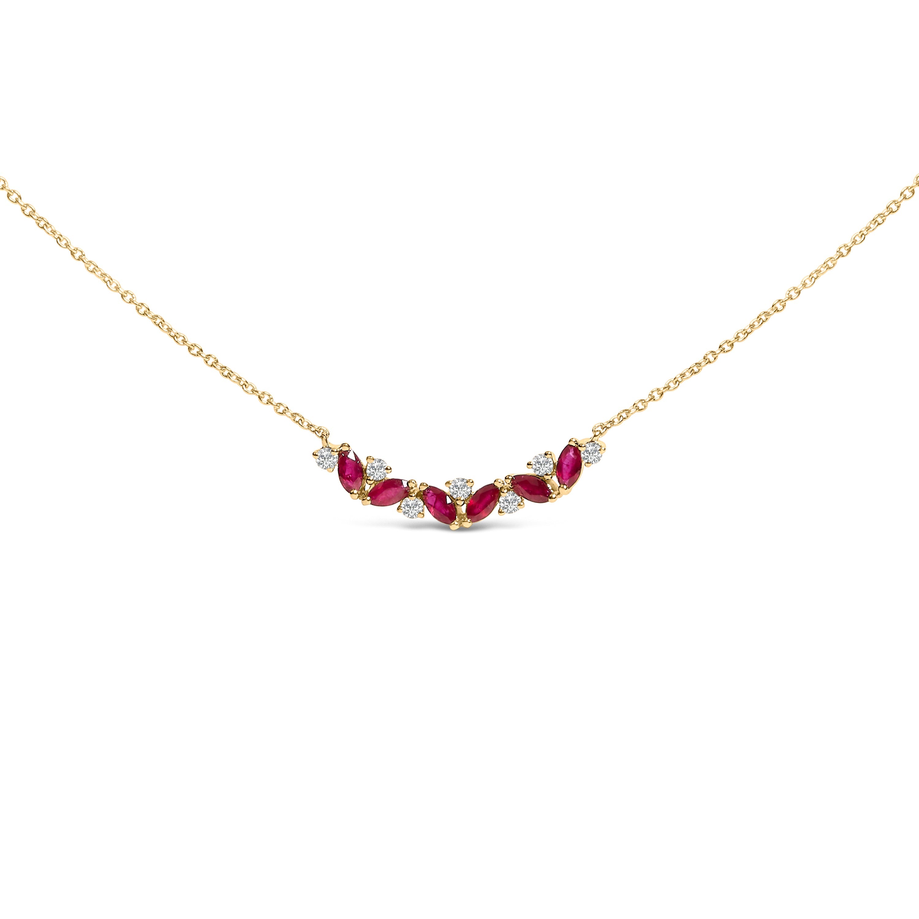 14K Yellow Gold Red Ruby and Diamond Trio Bar Line Necklace (I-J Color, SI2-I1 Clarity) - 18 inch DestGlow