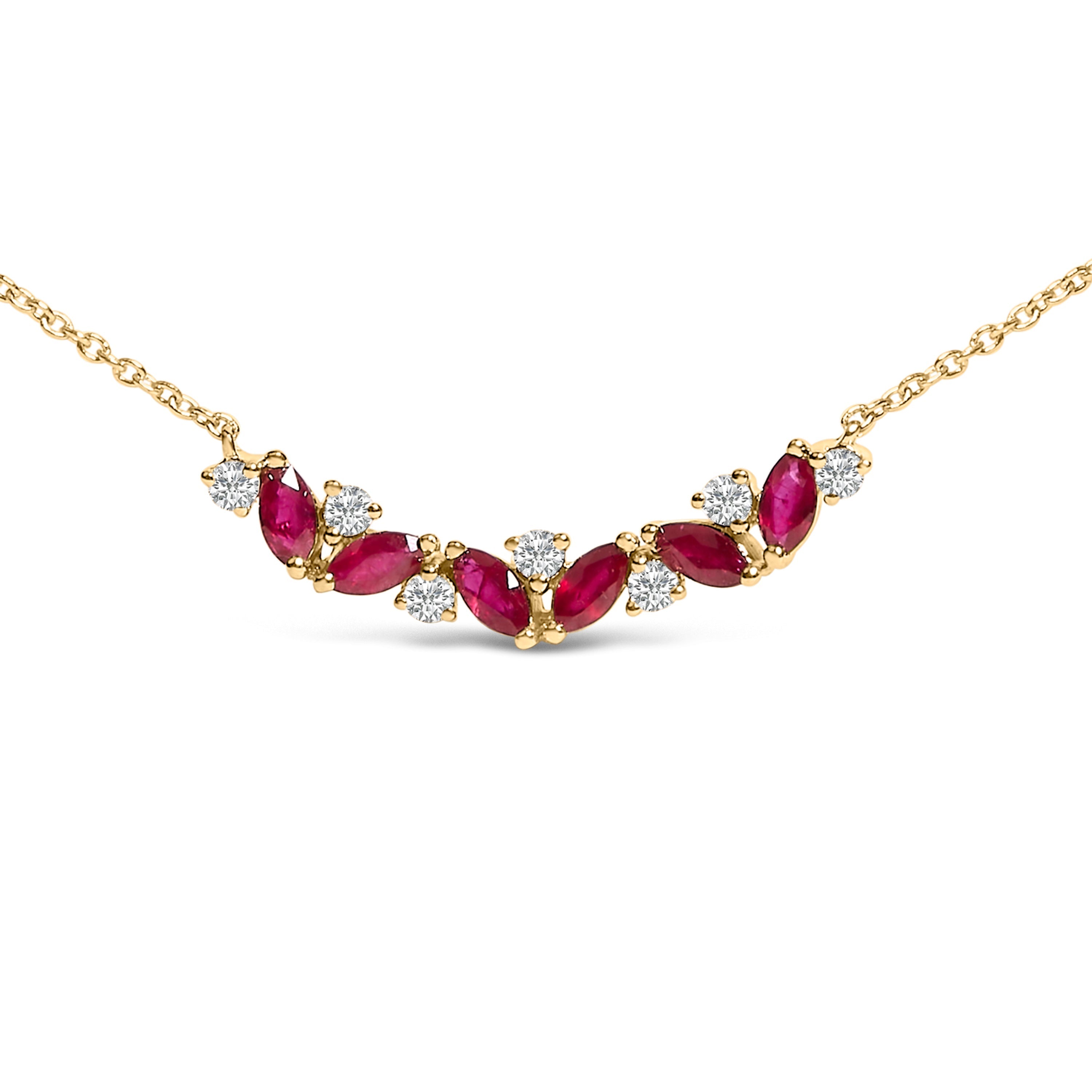 14K Yellow Gold Red Ruby and Diamond Trio Bar Line Necklace (I-J Color, SI2-I1 Clarity) - 18 inch DestGlow
