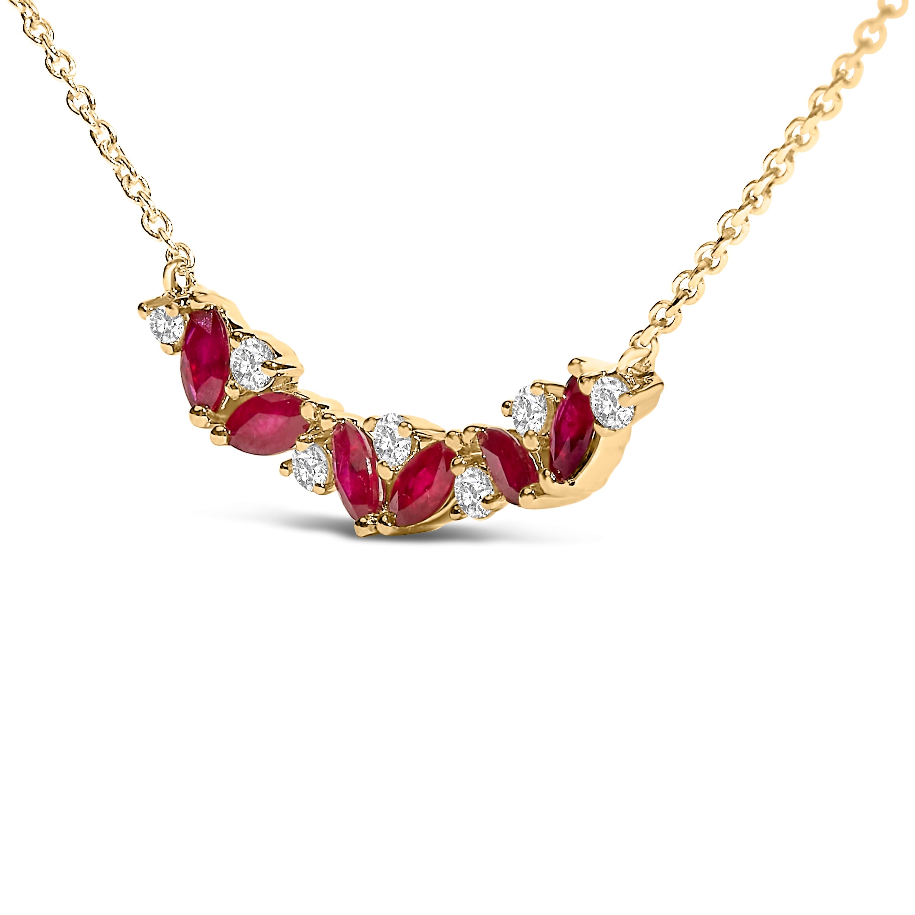 14K Yellow Gold Red Ruby and Diamond Trio Bar Line Necklace (I-J Color, SI2-I1 Clarity) - 18 inch DestGlow