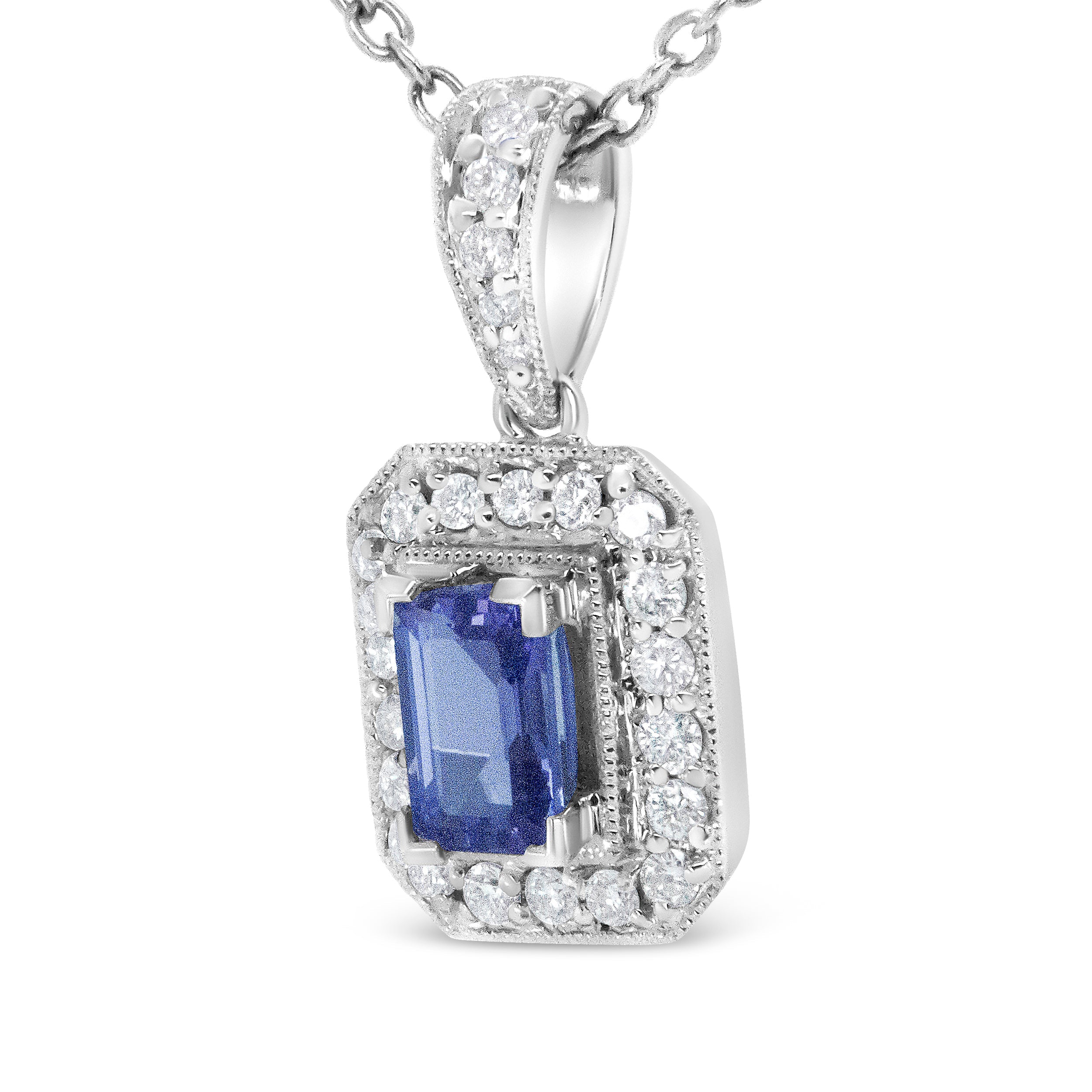 18K White Gold 1/4 Cttw Round Diamond and 6x4mm Purple Tanzanite Halo 18" Pendant Necklace (H-I Color, VS1-VS2 Clarity) DestGlow