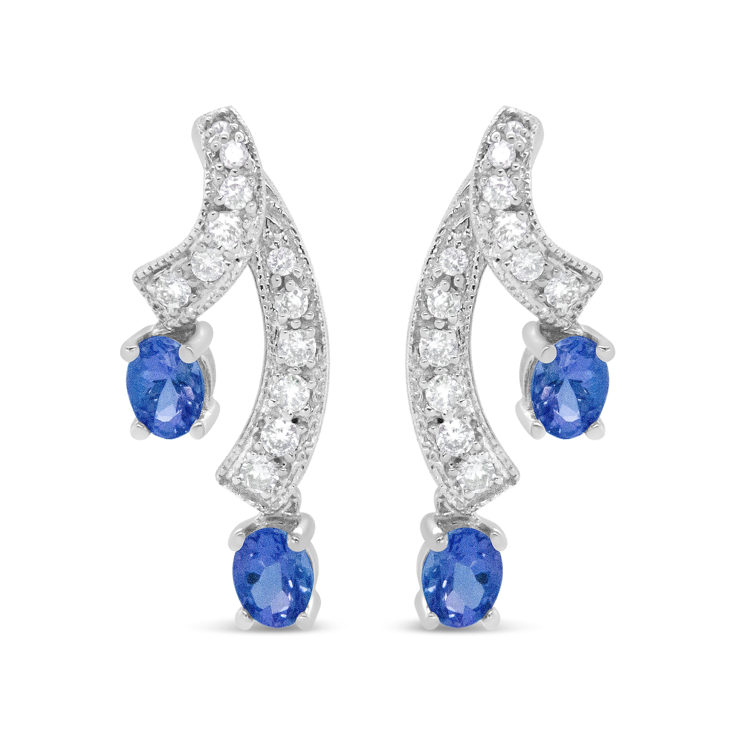 14K White Gold 4x3MM Oval Shaped Natural Blue Tanzanite Gemstone and 1/5 Cttw Diamond Double 3/4" Inch Drop Stud Earrings (H-I Color, VS1-VS2 Clarity) by Bids.com
