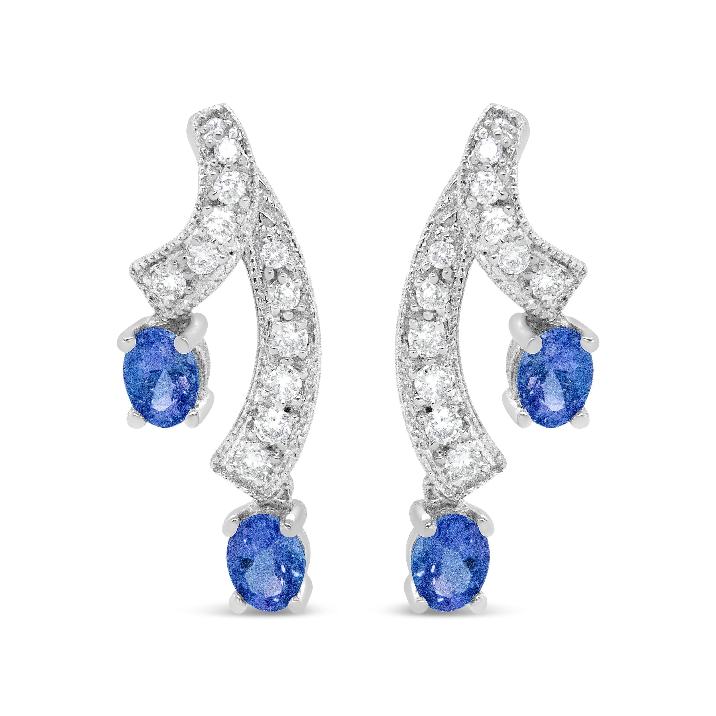 14K White Gold 4x3MM Oval Shaped Natural Blue Tanzanite Gemstone and 1/5 Cttw Diamond Double 3/4" Inch Drop Stud Earrings (H-I Color, VS1-VS2 Clarity) DestGlow