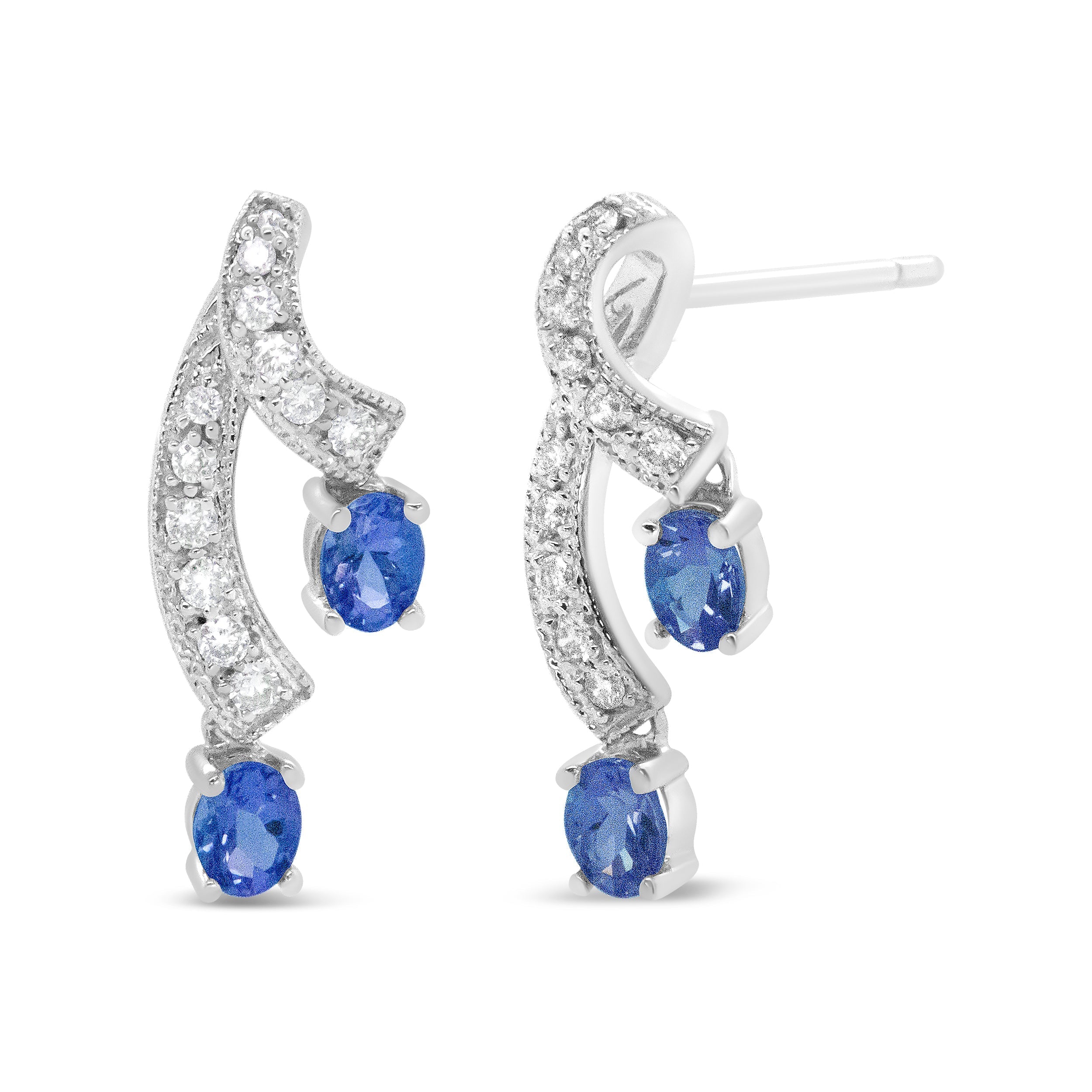 14K White Gold 4x3MM Oval Shaped Natural Blue Tanzanite Gemstone and 1/5 Cttw Diamond Double 3/4" Inch Drop Stud Earrings (H-I Color, VS1-VS2 Clarity) DestGlow