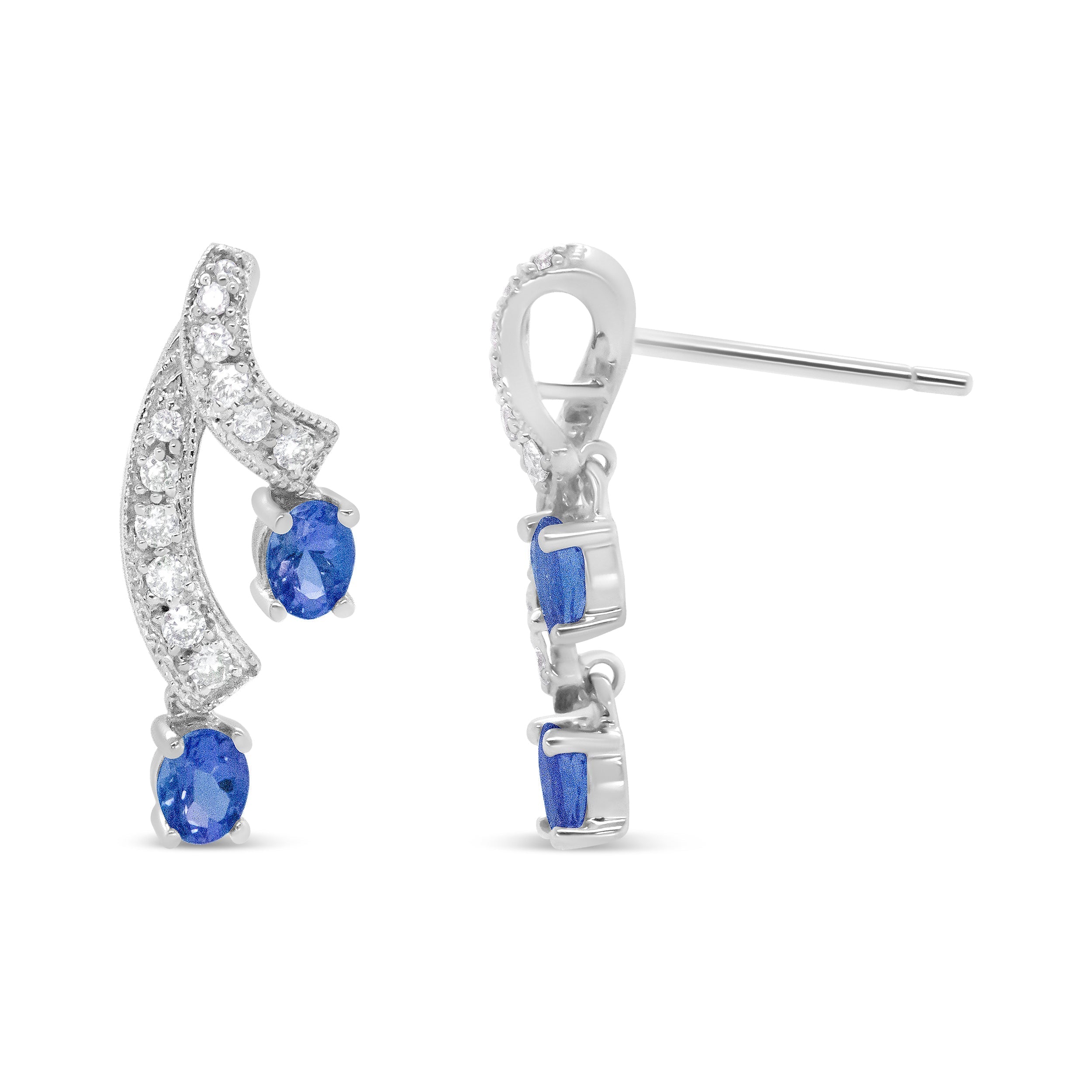 14K White Gold 4x3MM Oval Shaped Natural Blue Tanzanite Gemstone and 1/5 Cttw Diamond Double 3/4" Inch Drop Stud Earrings (H-I Color, VS1-VS2 Clarity) DestGlow