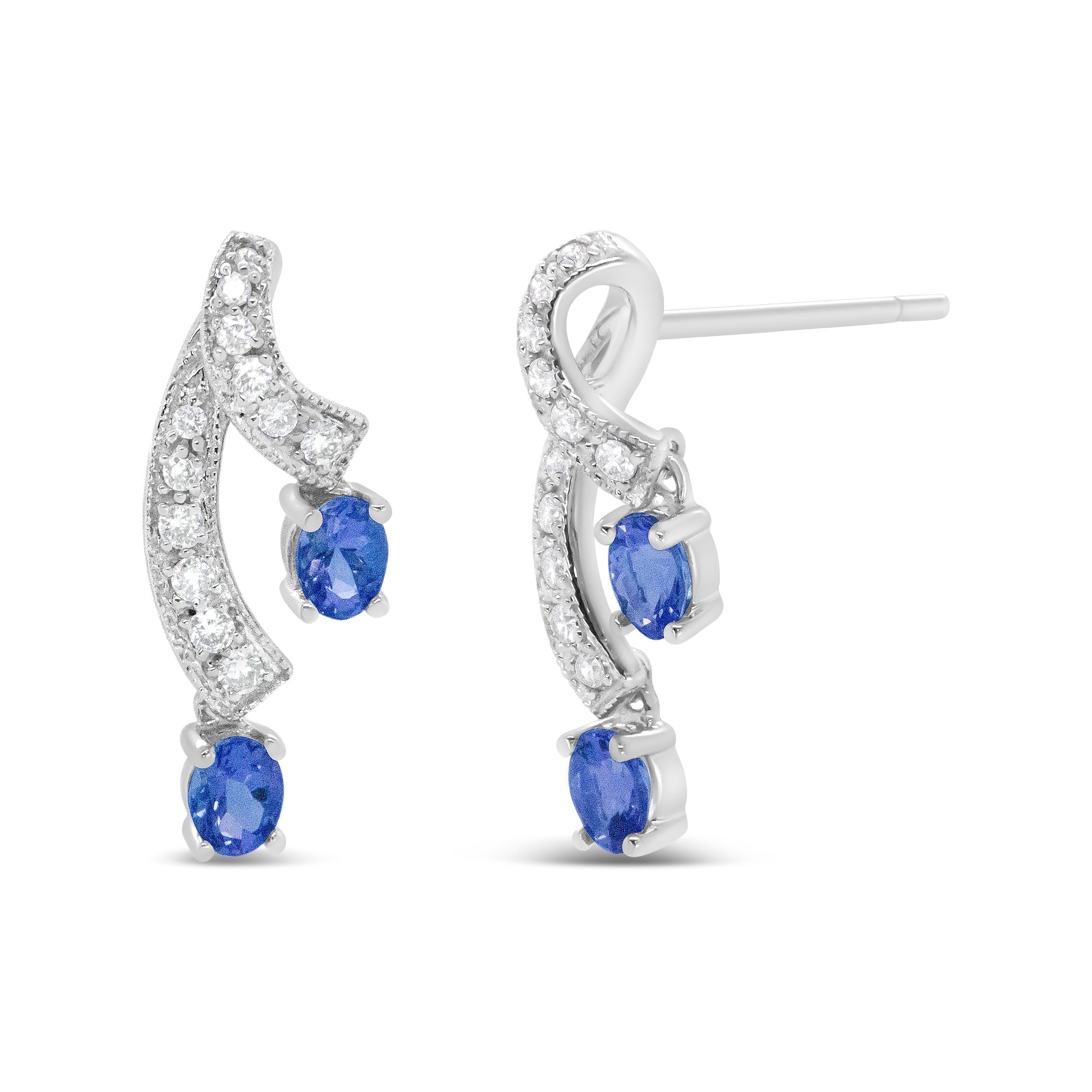 14K White Gold 4x3MM Oval Shaped Natural Blue Tanzanite Gemstone and 1/5 Cttw Diamond Double 3/4" Inch Drop Stud Earrings (H-I Color, VS1-VS2 Clarity) DestGlow