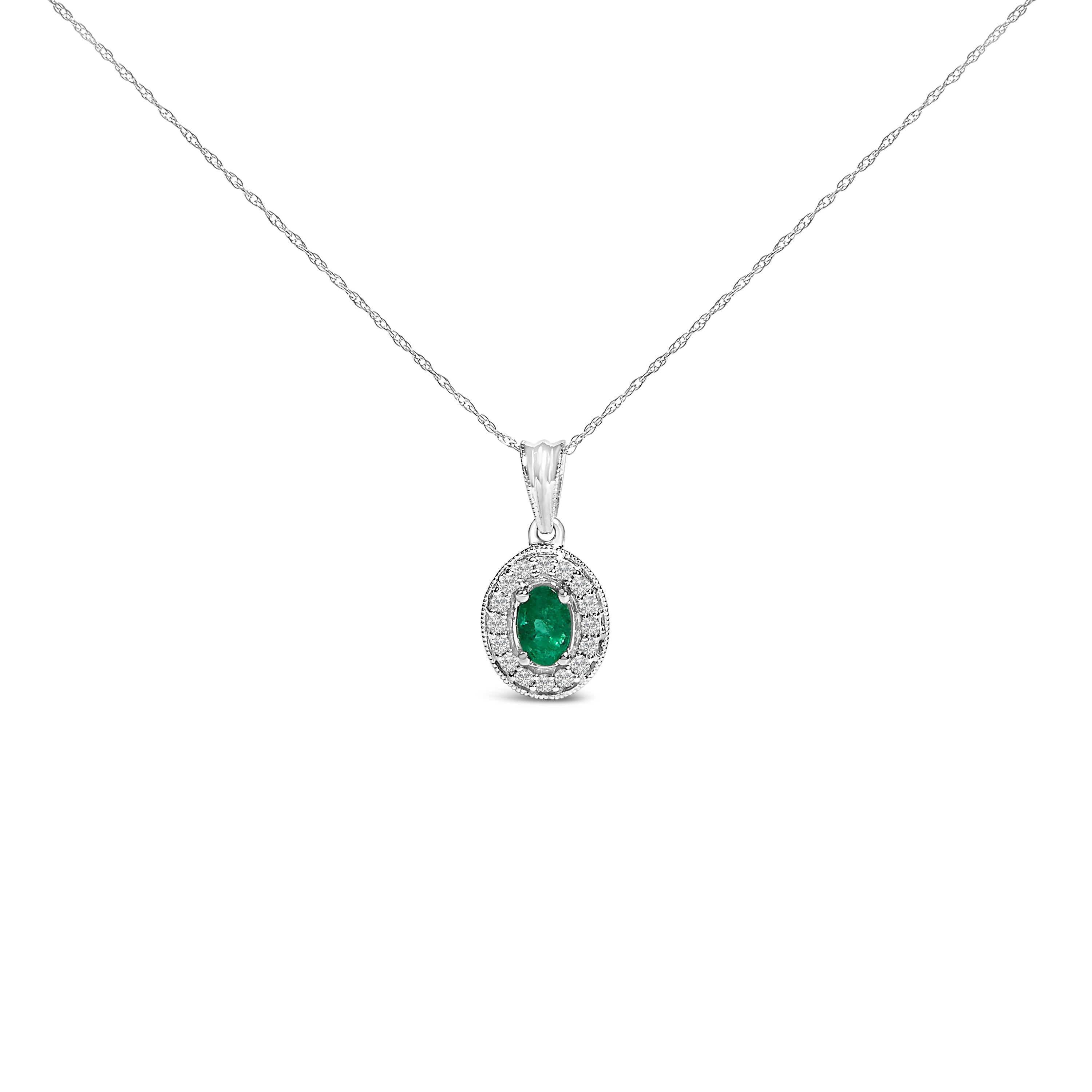 14K White Gold Oval 6x4 MM Green Emerald and Diamond Halo Pendant Necklace - 18 inch DestGlow