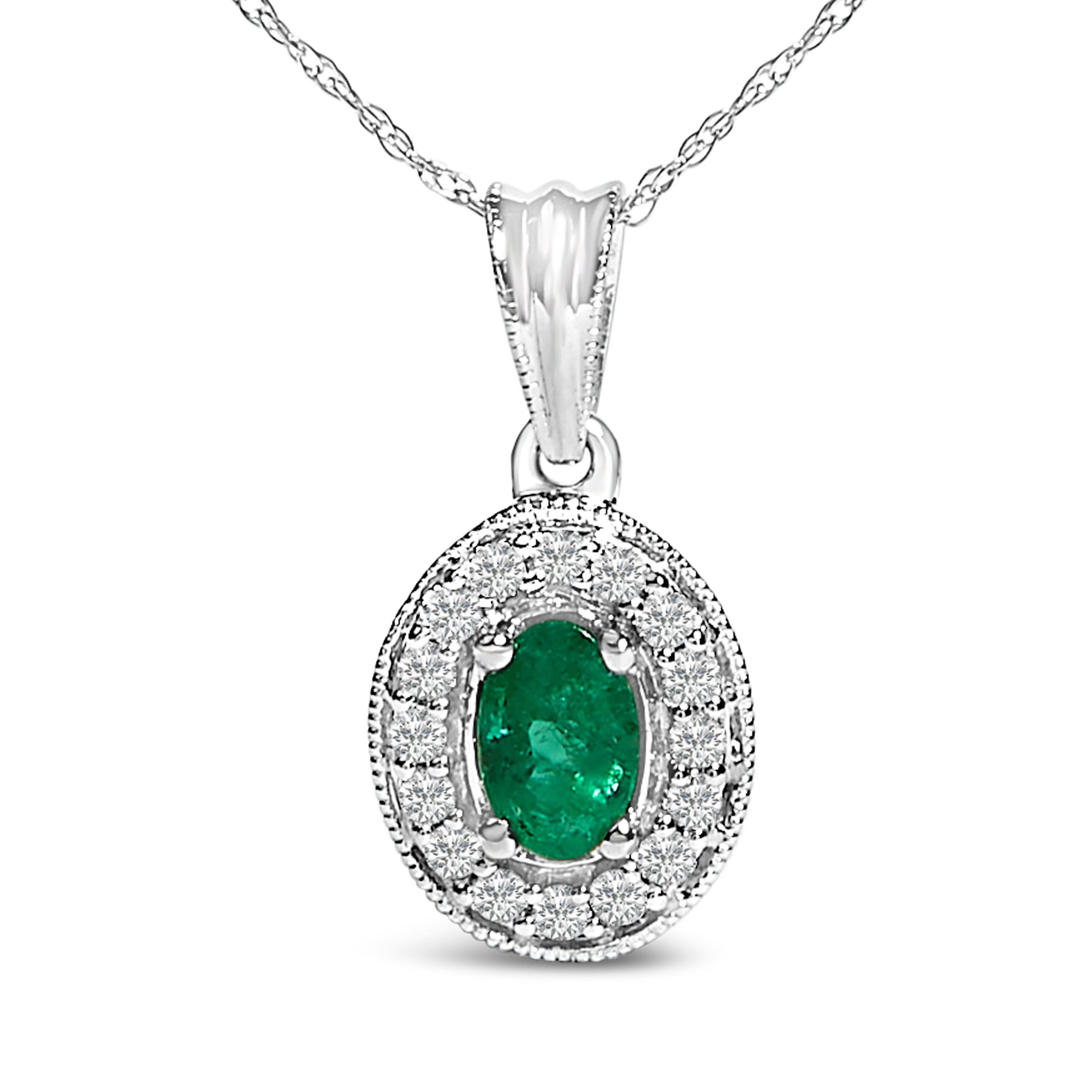 14K White Gold Oval 6x4 MM Green Emerald and Diamond Halo Pendant Necklace - 18 inch DestGlow