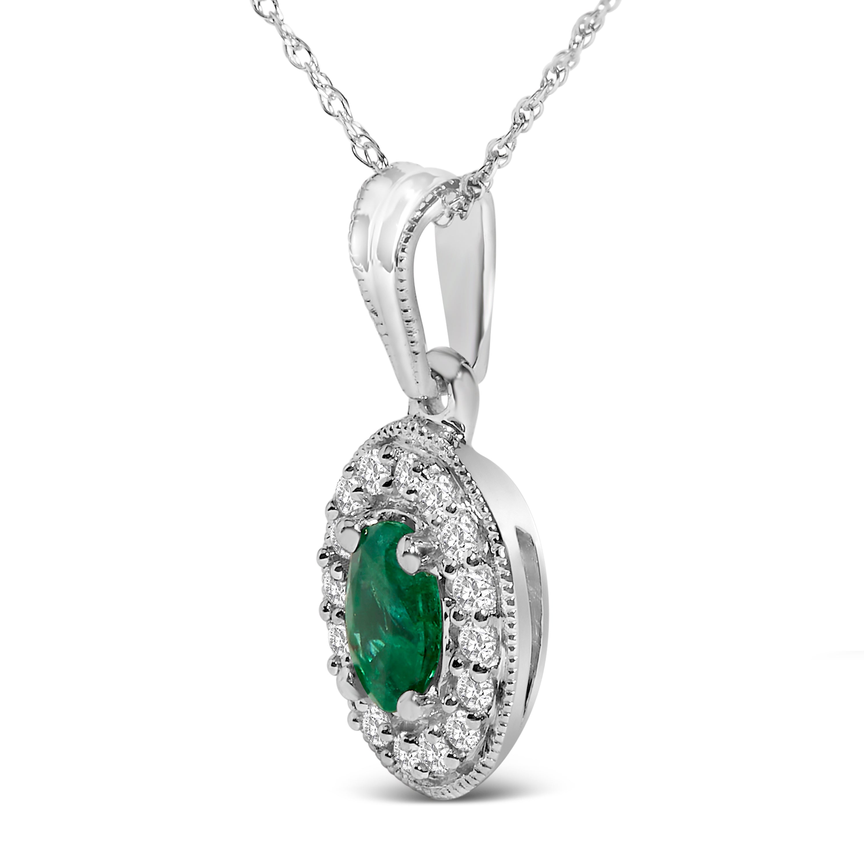 14K White Gold Oval 6x4 MM Green Emerald and Diamond Halo Pendant Necklace - 18 inch DestGlow